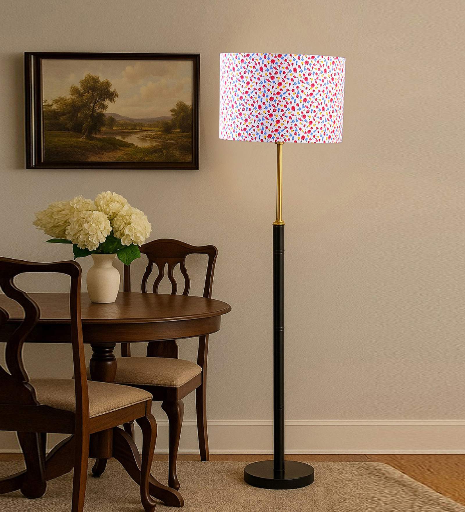 Devansh Multi cotton Drum shade with   floor lamp with wood base .-