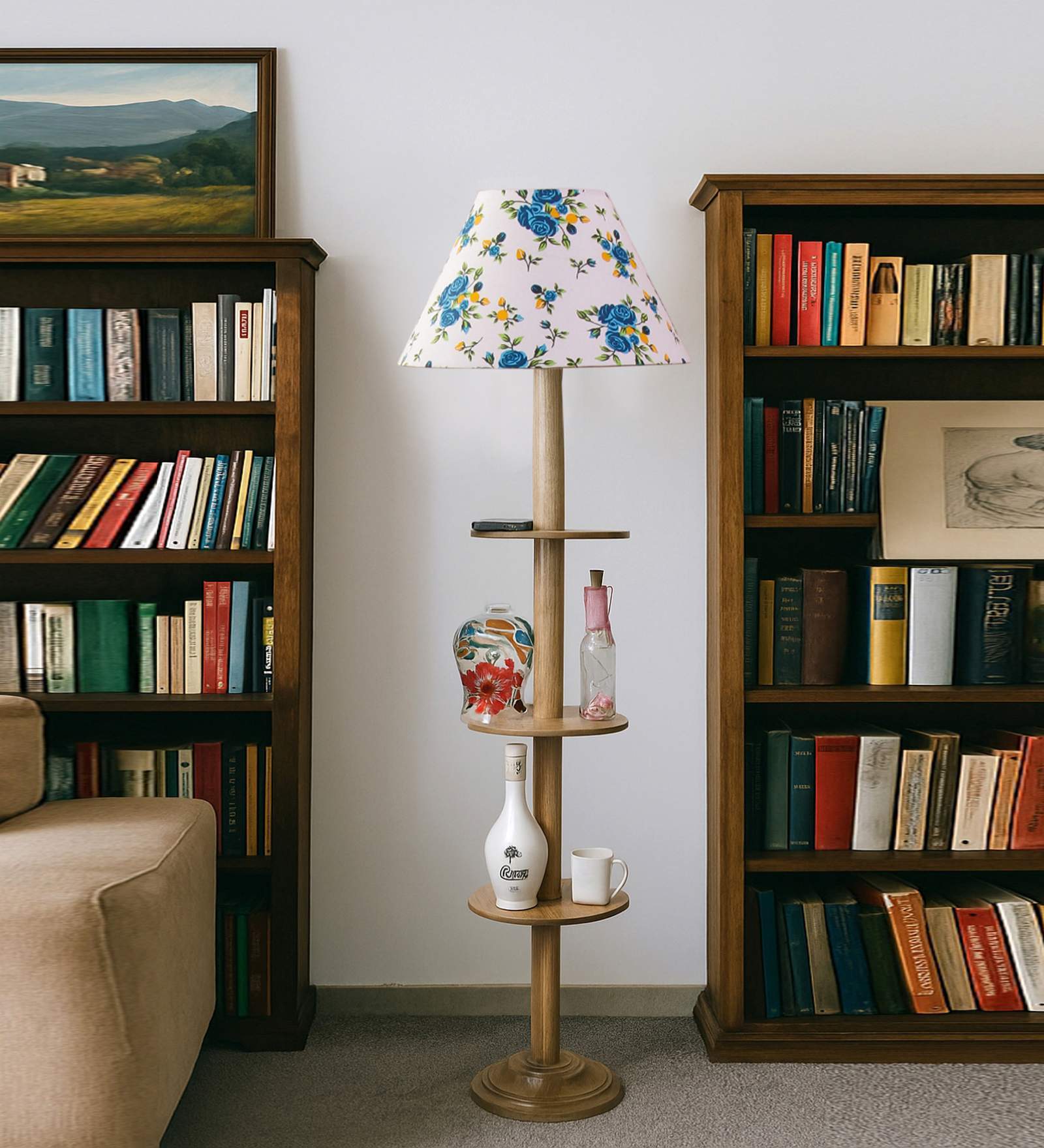 Devansh Multi cotton Drum shade with   floor lamp with wood base .-