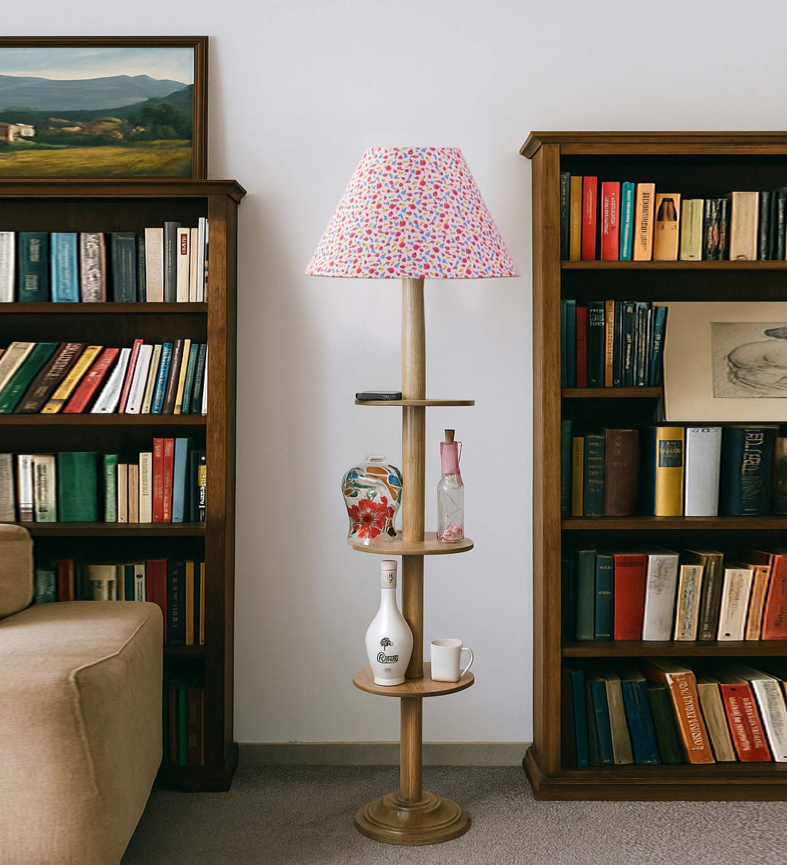 Devansh Multi cotton Drum shade with   floor lamp with wood base .-