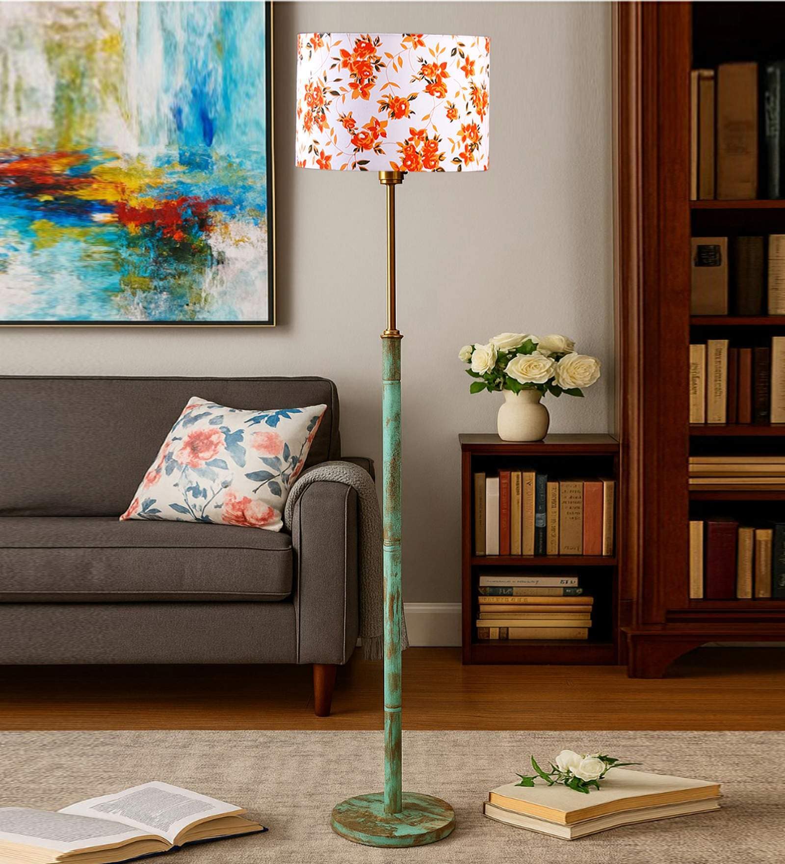 Devansh Multi cotton Drum shade with   floor lamp with wood base .-