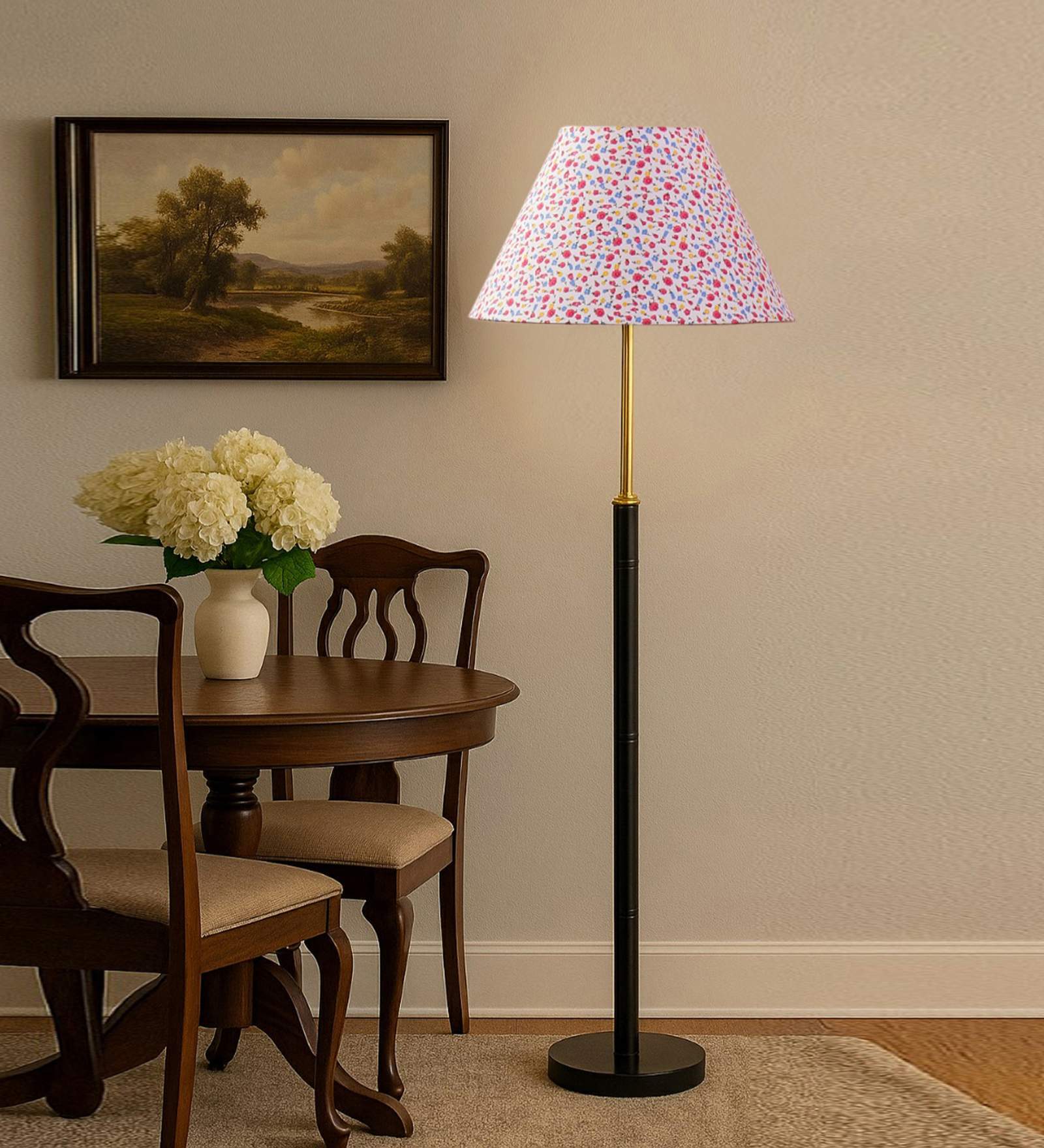 Devansh Multi cotton Drum shade with   floor lamp with wood base .-