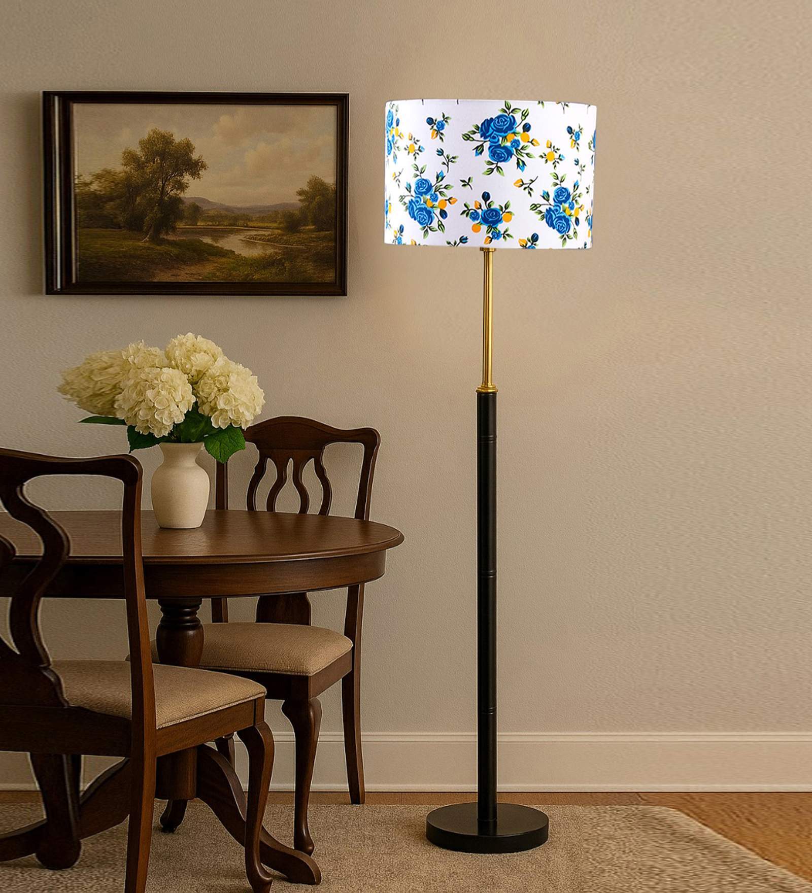Devansh Multi cotton Drum shade with   floor lamp with wood base .-