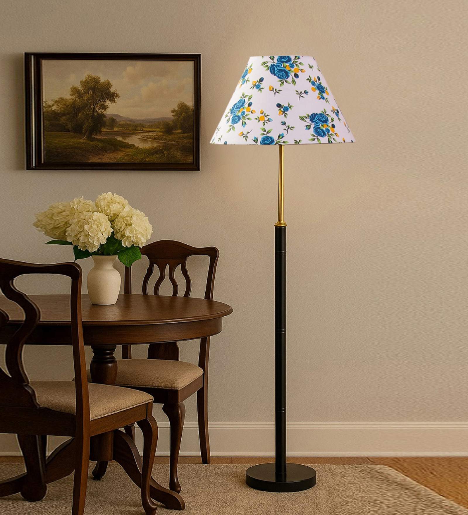 Devansh Multi cotton Drum shade with   floor lamp with wood base .-