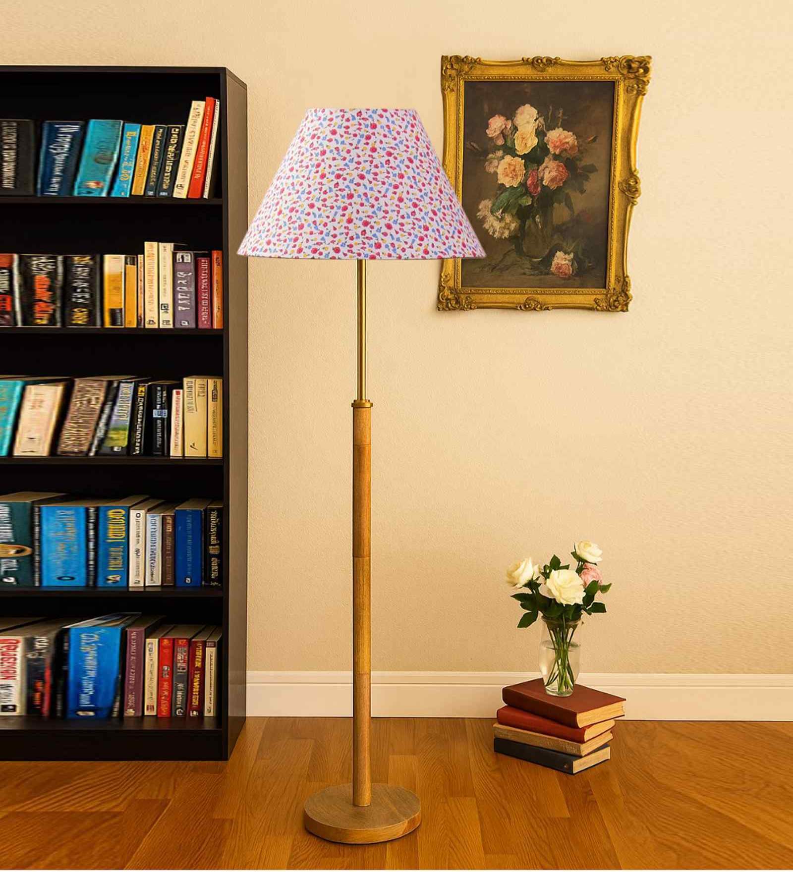 Devansh Multi cotton Drum shade with   floor lamp with wood base .-