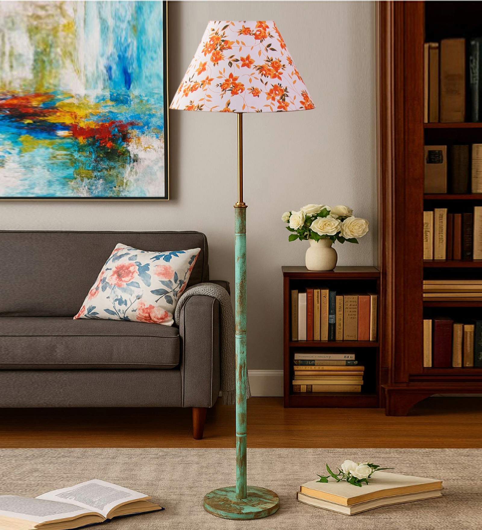 Devansh Multi cotton Drum shade with   floor lamp with wood base .-