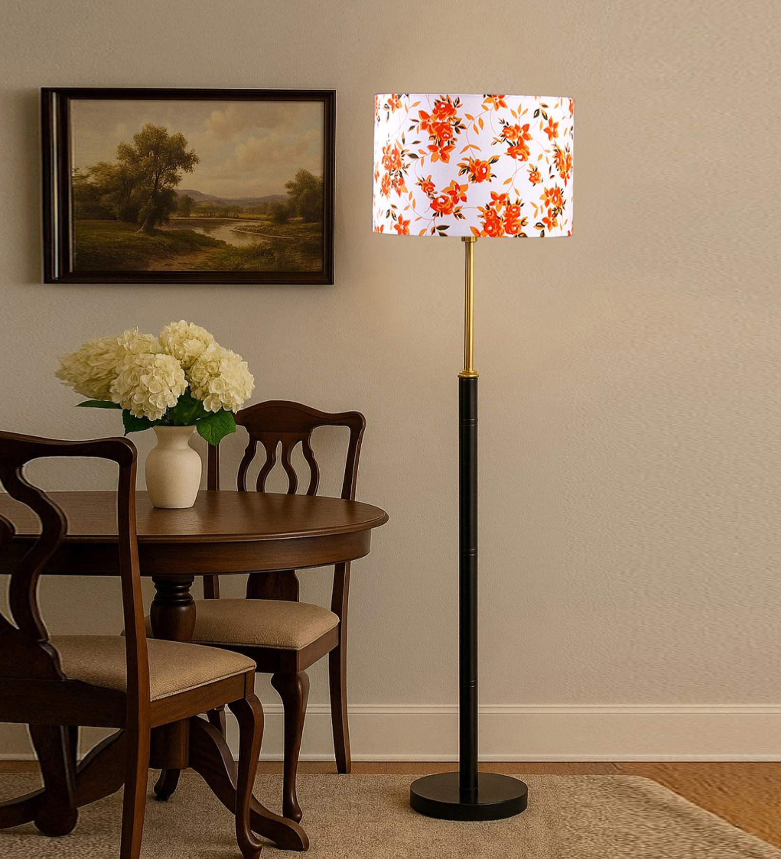 Devansh Multi cotton Drum shade with   floor lamp with wood base .-