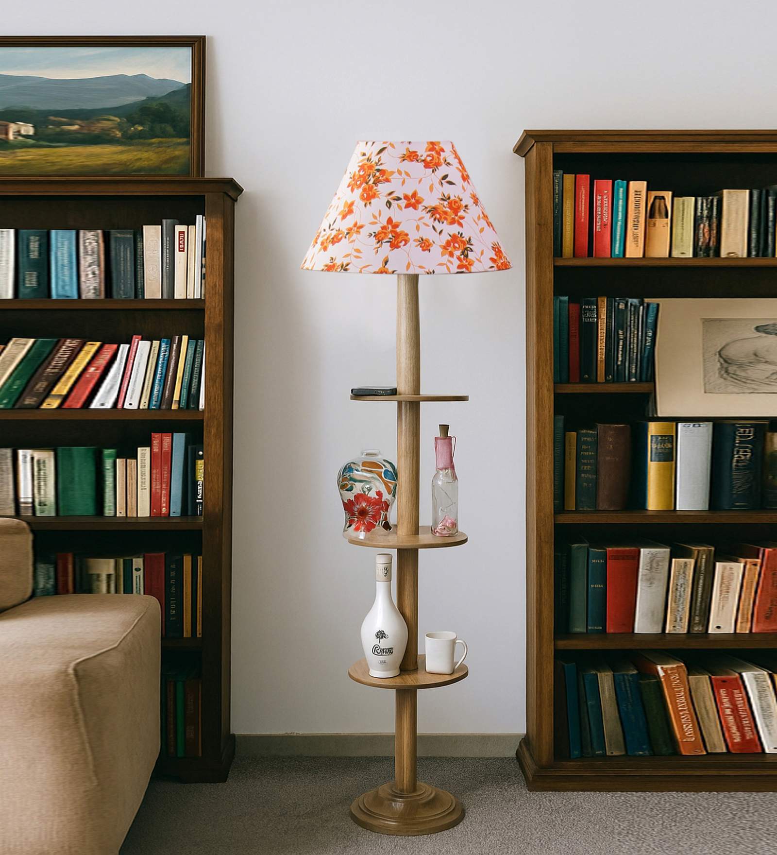 Devansh Multi cotton Drum shade with   floor lamp with wood base .-