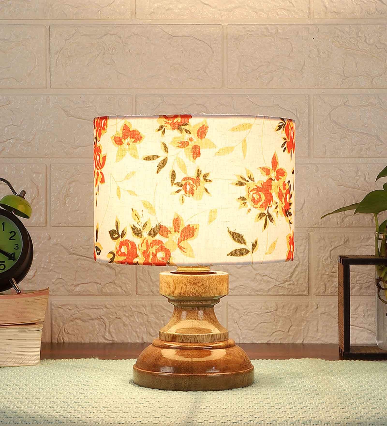 Fabricio Multicolour Cotton Fabric Shade Night Lamp With Wood Base