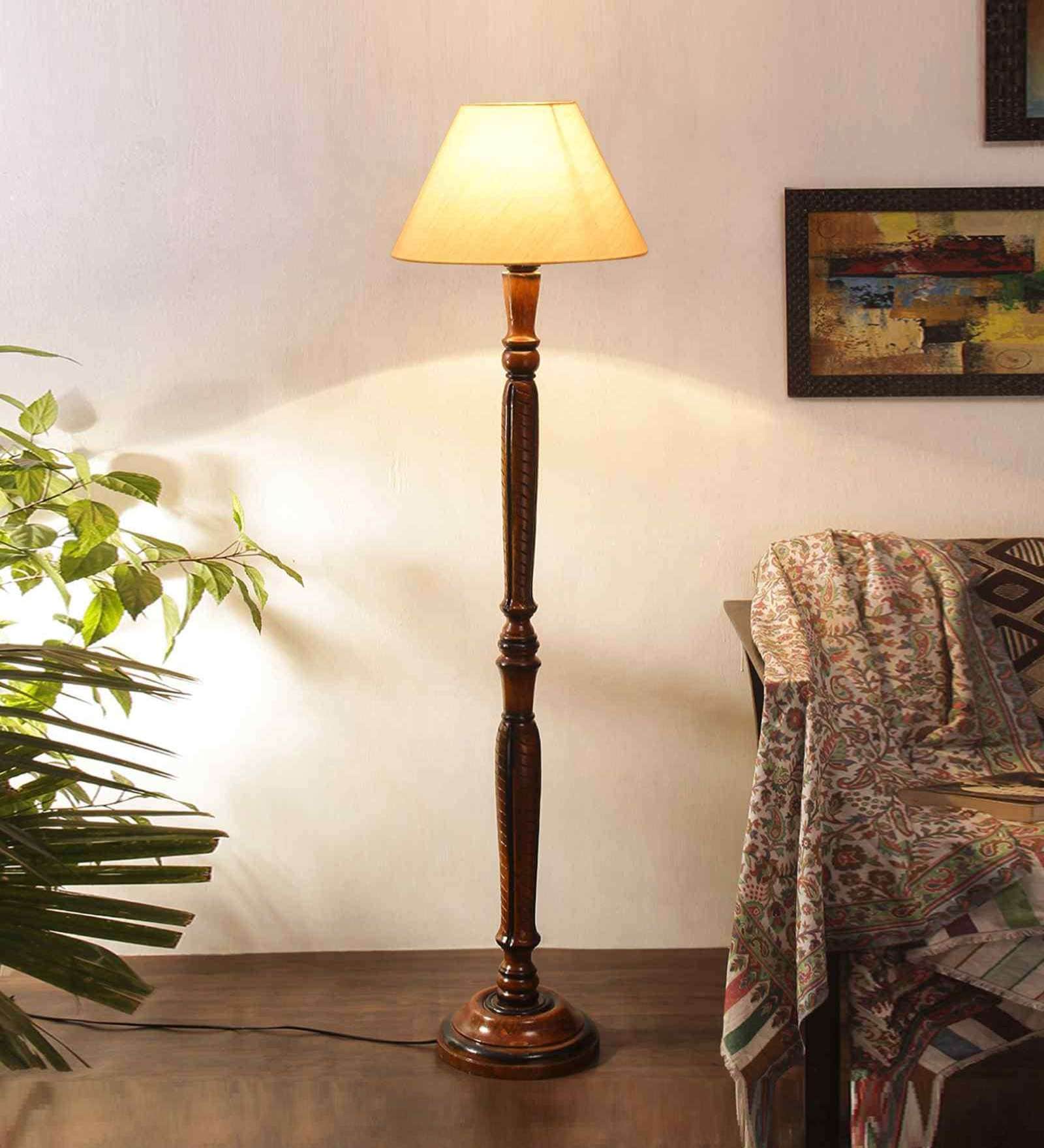 off  white cotton conical wooden floor lamp