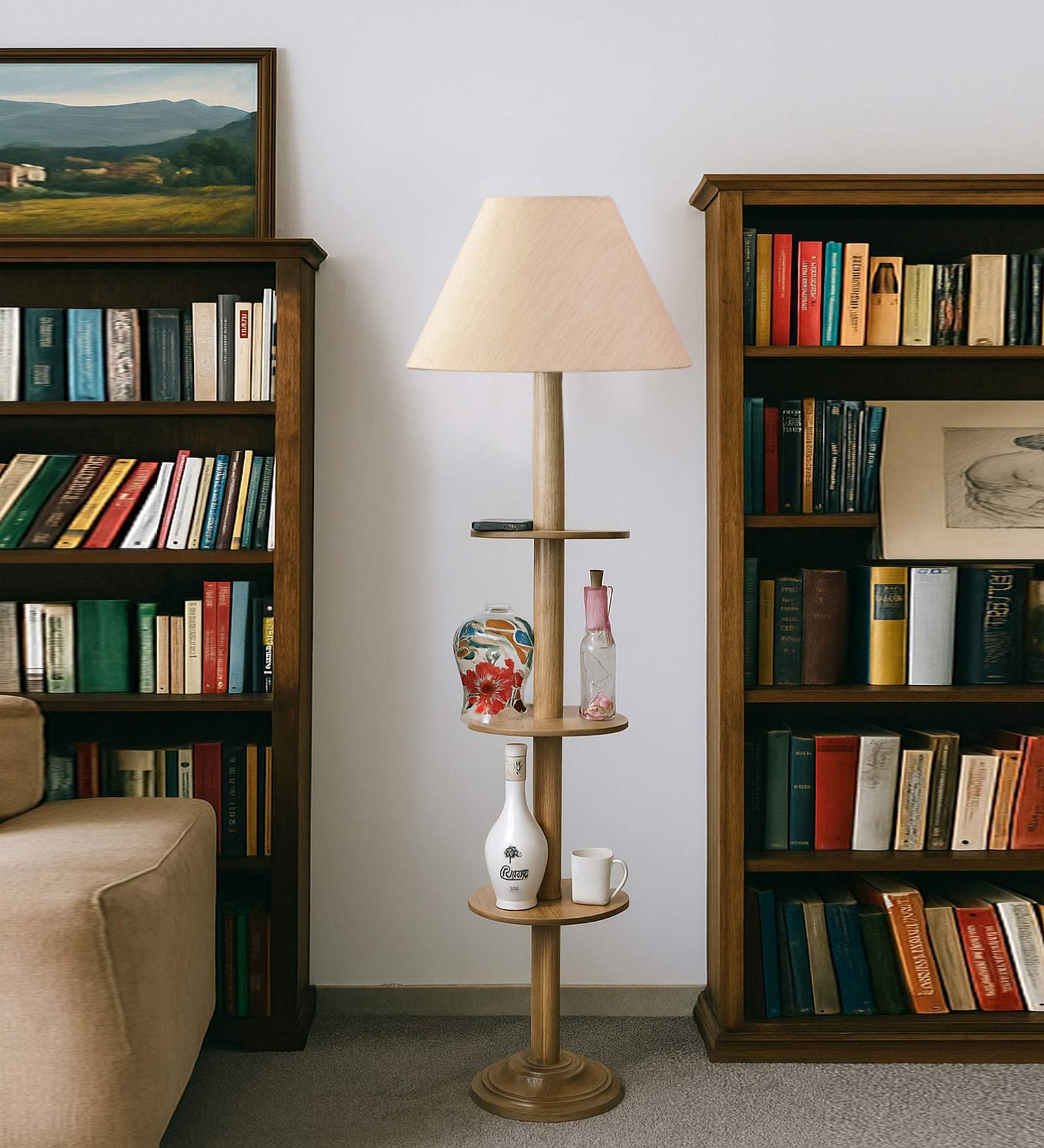 Devansh off-white cotton Drum shade with   floor lamp with wood base