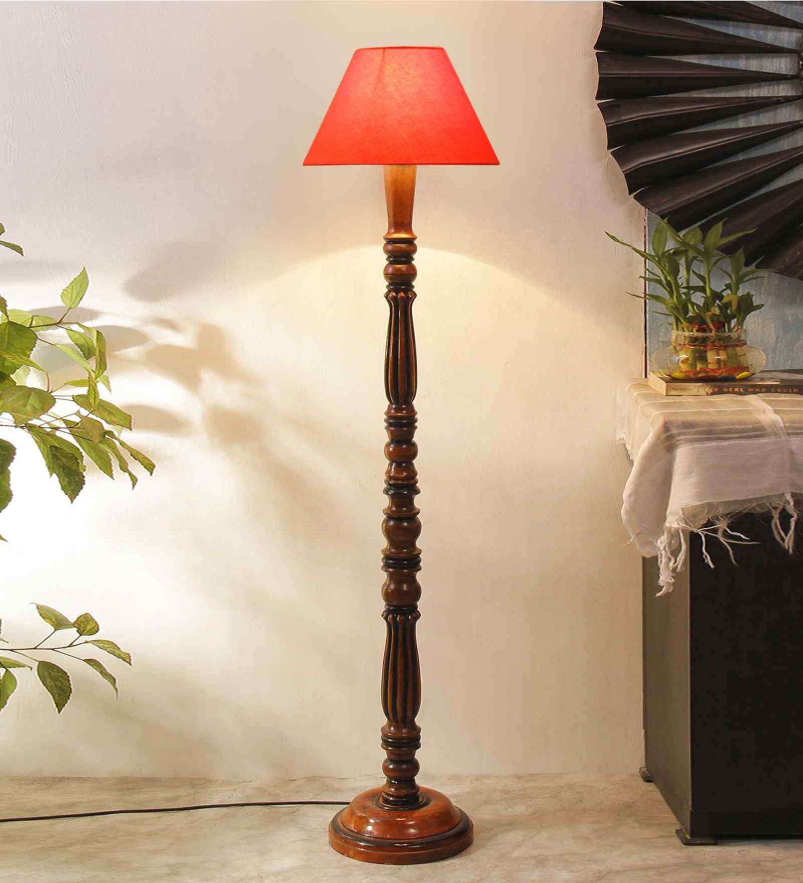 Orange cotton conical wooden floor lamp