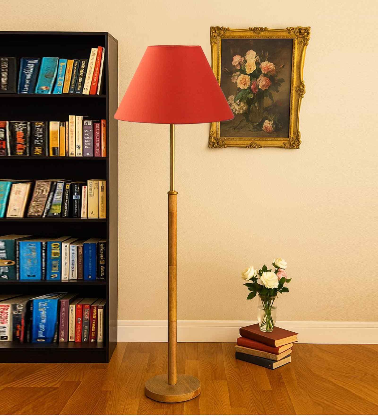 Devansh Orange cotton Drum shade with   floor lamp with wood base .-