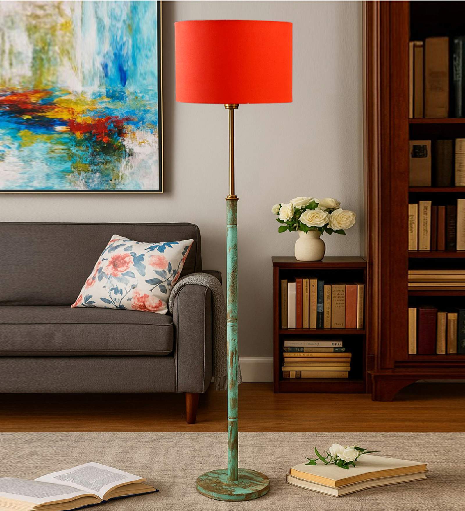 Devansh Orange cotton Drum shade with   floor lamp with wood base .-
