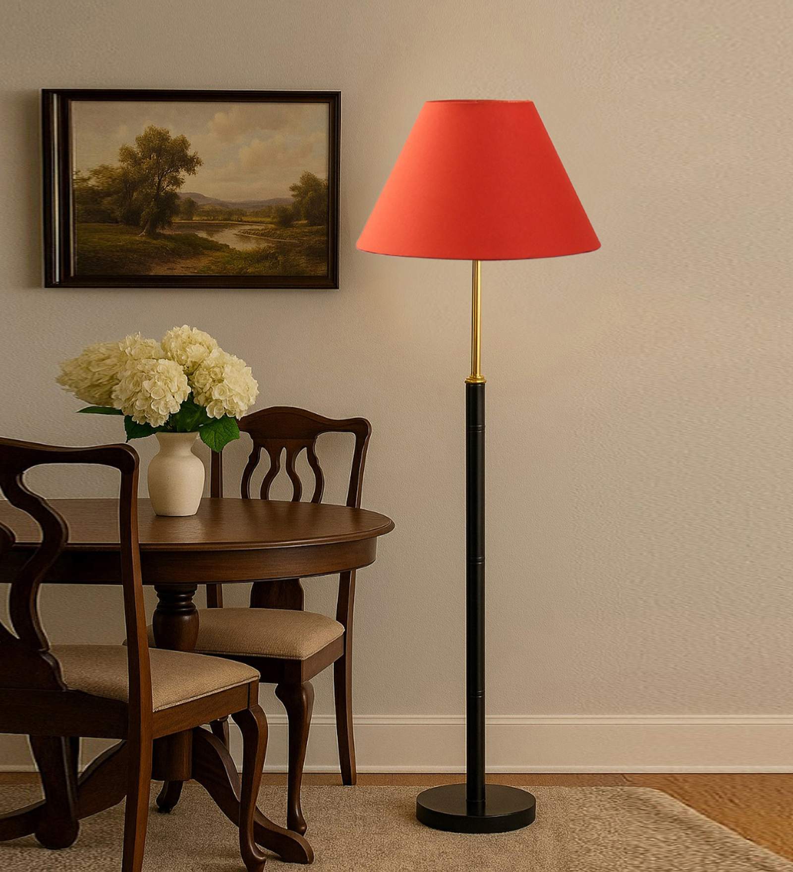 Devansh Orange cotton Drum shade with   floor lamp with wood base .-