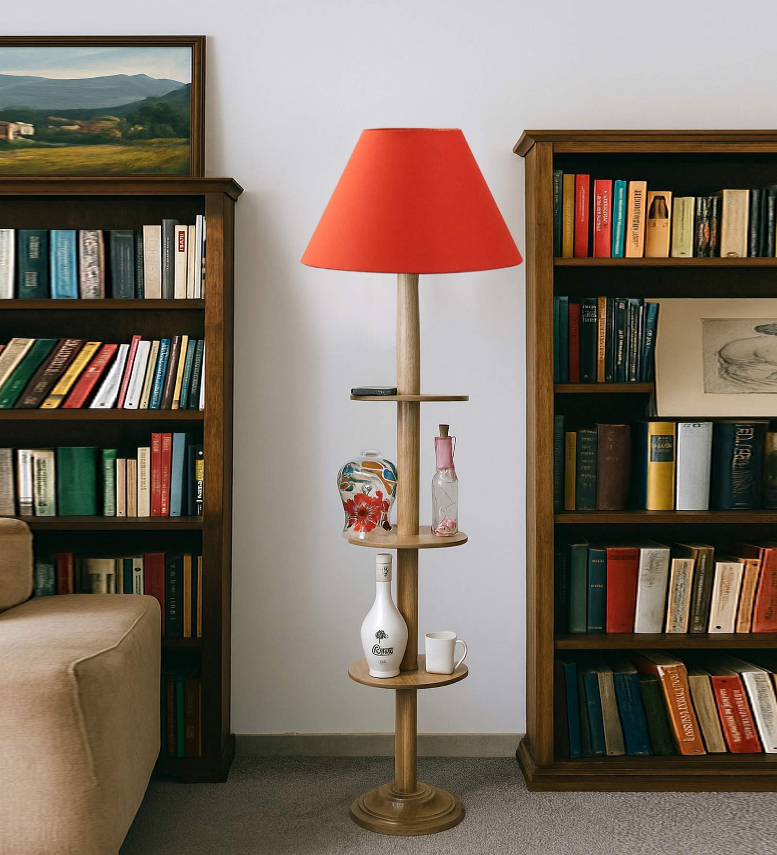 Devansh Orange cotton Drum shade with   floor lamp with wood base .-