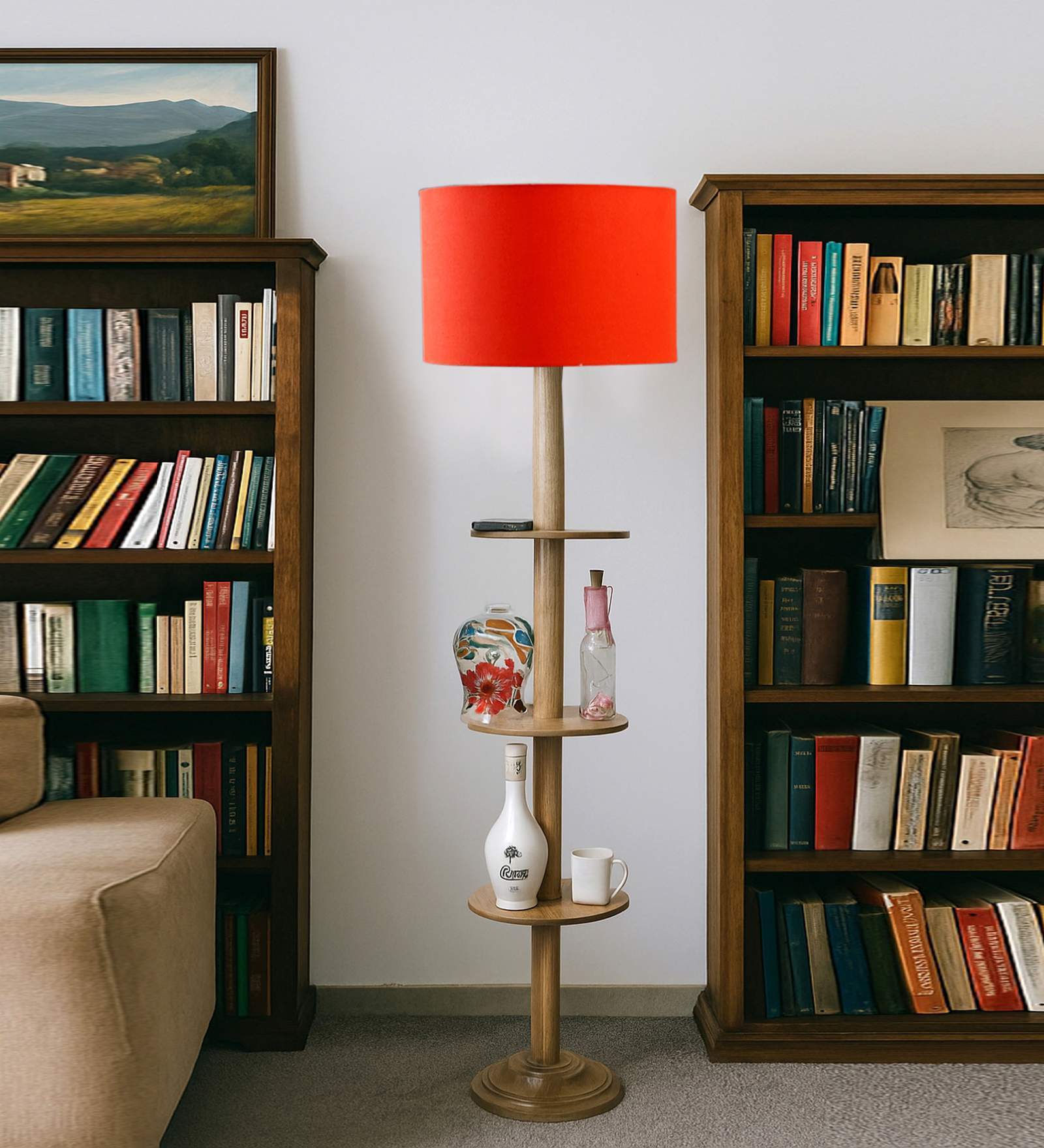 Devansh Orange cotton Drum shade with   floor lamp with wood base
