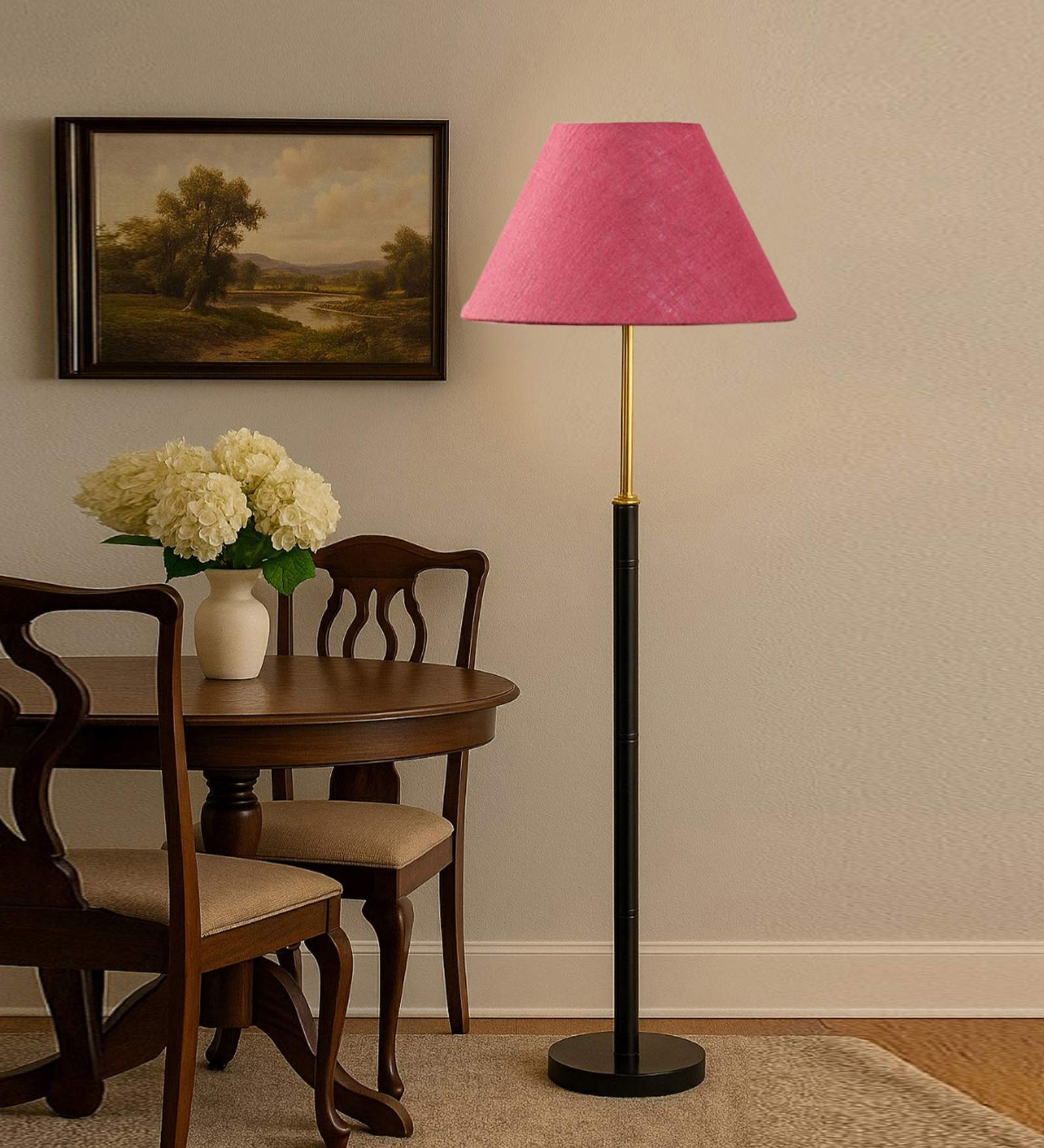 Devansh Pink cotton Drum shade with   floor lamp with wood base .-