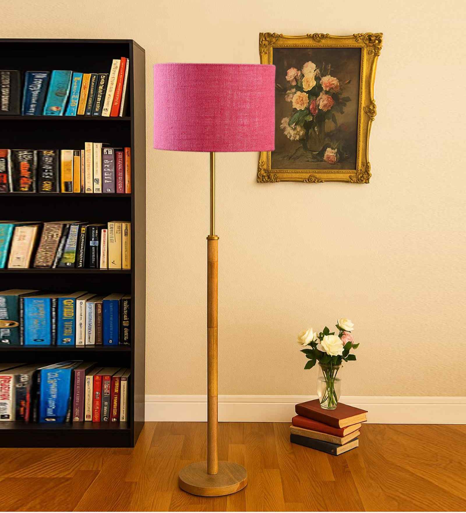 Devansh Pink cotton Drum shade with   floor lamp with wood base .-