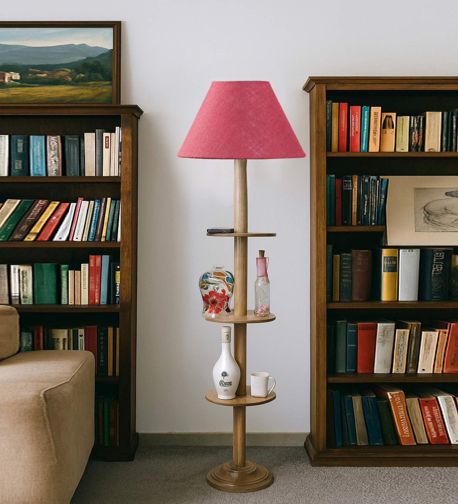 Devansh Pink cotton Drum shade with   floor lamp with wood base .-