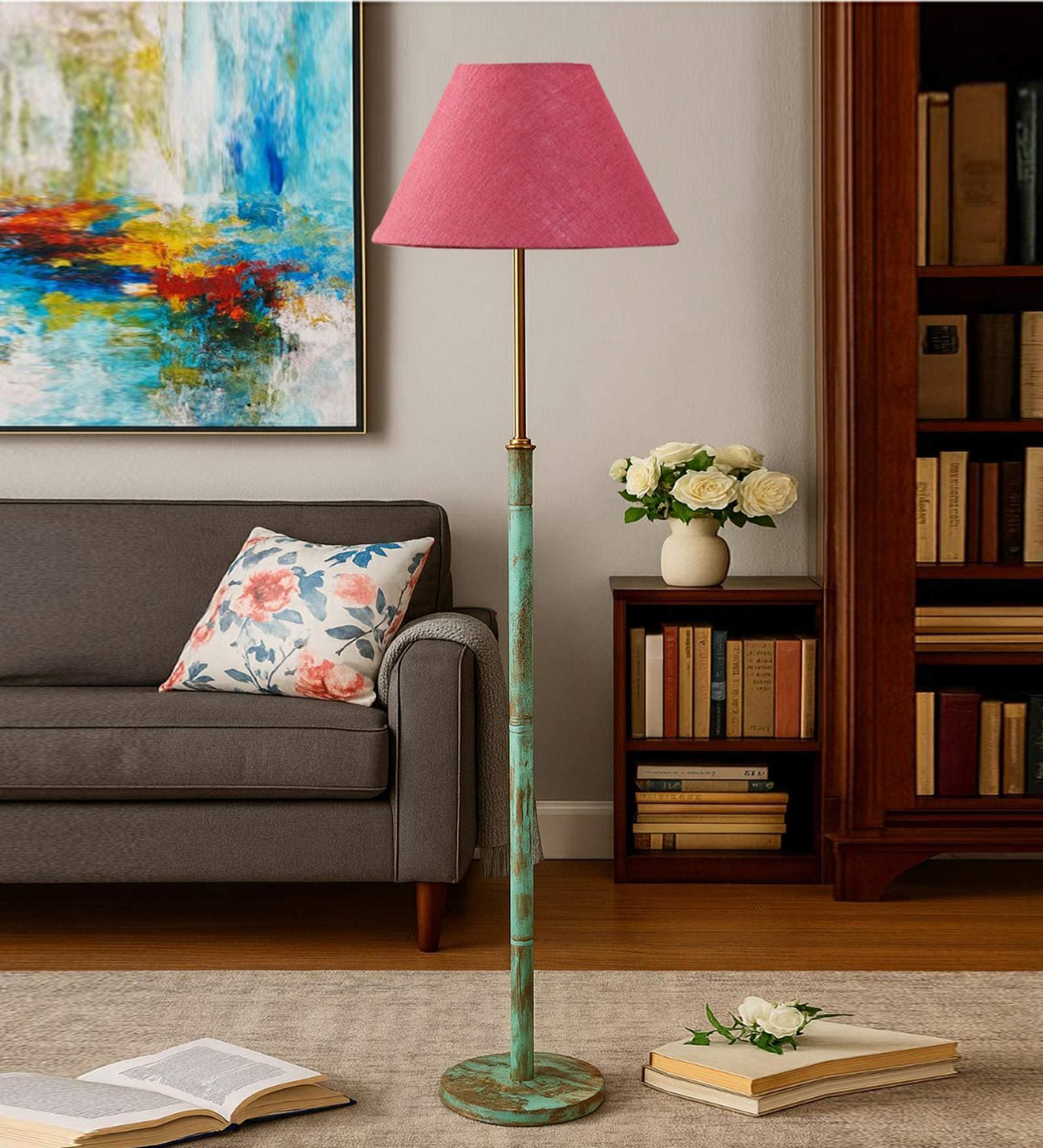 Devansh Pink cotton Drum shade with   floor lamp with wood base .-