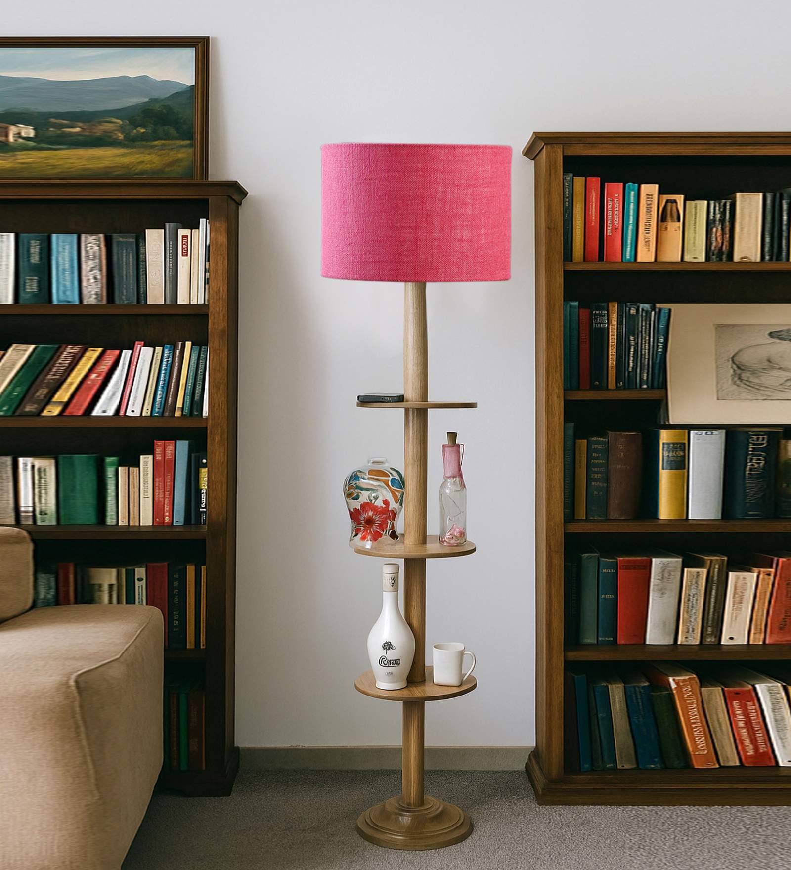 Devansh Pink cotton Drum shade with   floor lamp with wood base