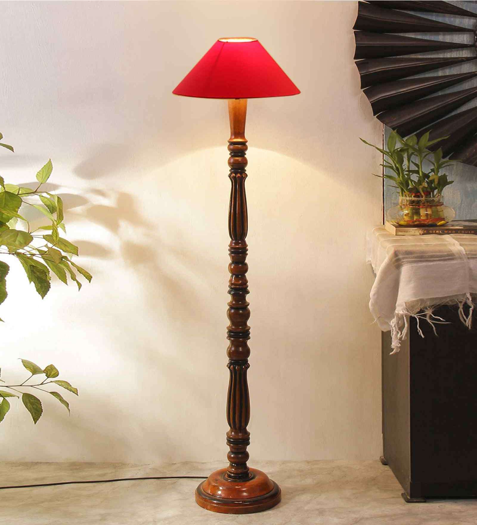 Red coolie cotton Wooden floor lamp