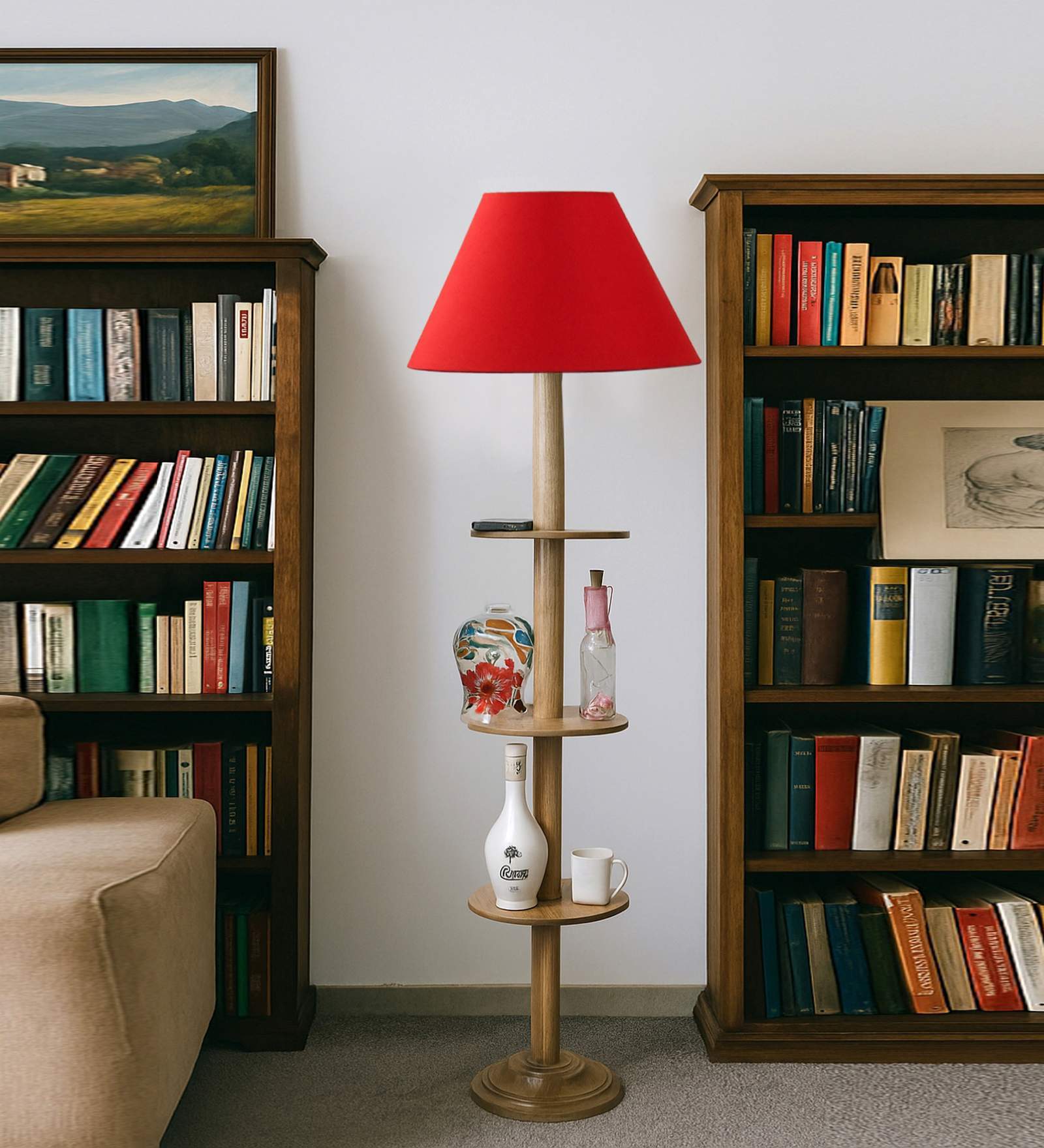 Devansh Red cotton Drum shade with   floor lamp with wood base .-