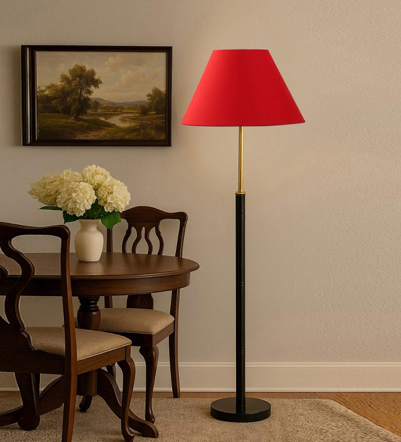 Devansh Red cotton Drum shade with   floor lamp with wood base .-
