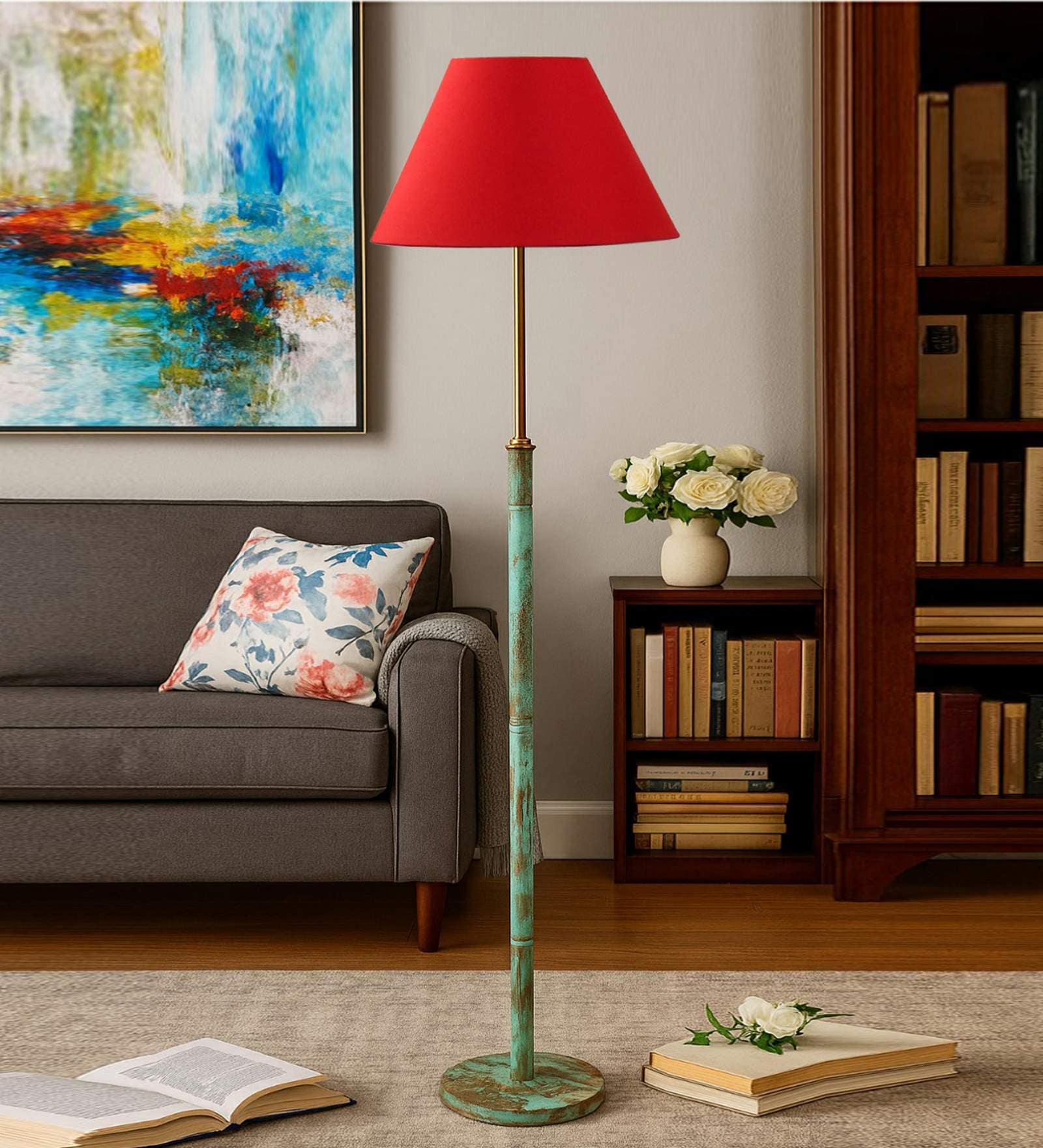 Devansh Red cotton Drum shade with   floor lamp with wood base .-