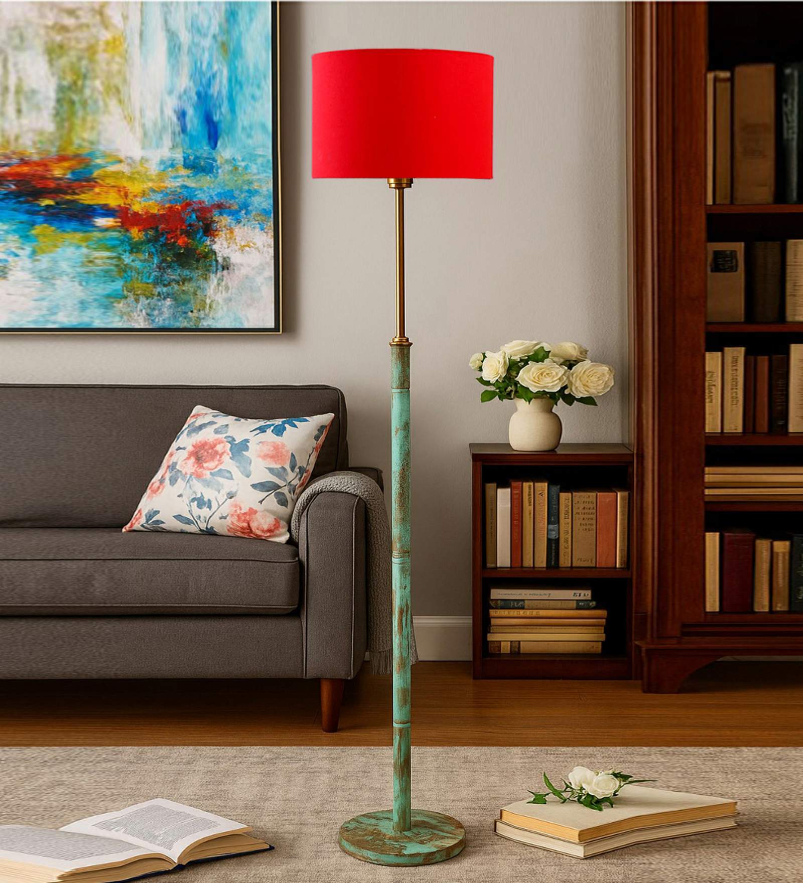 Devansh Red cotton Drum shade with   floor lamp with wood base .-