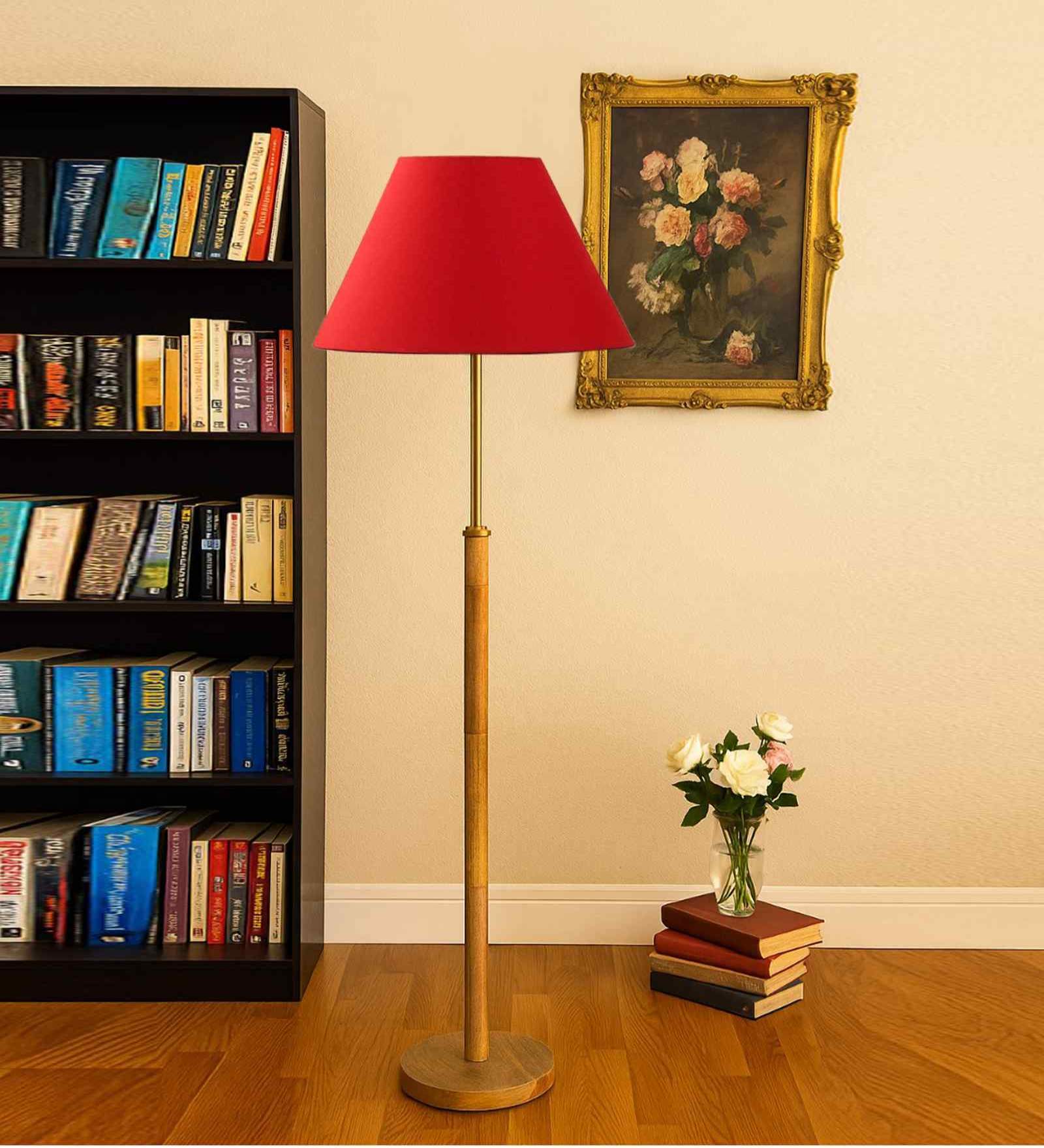 Devansh Red cotton Drum shade with   floor lamp with wood base .-