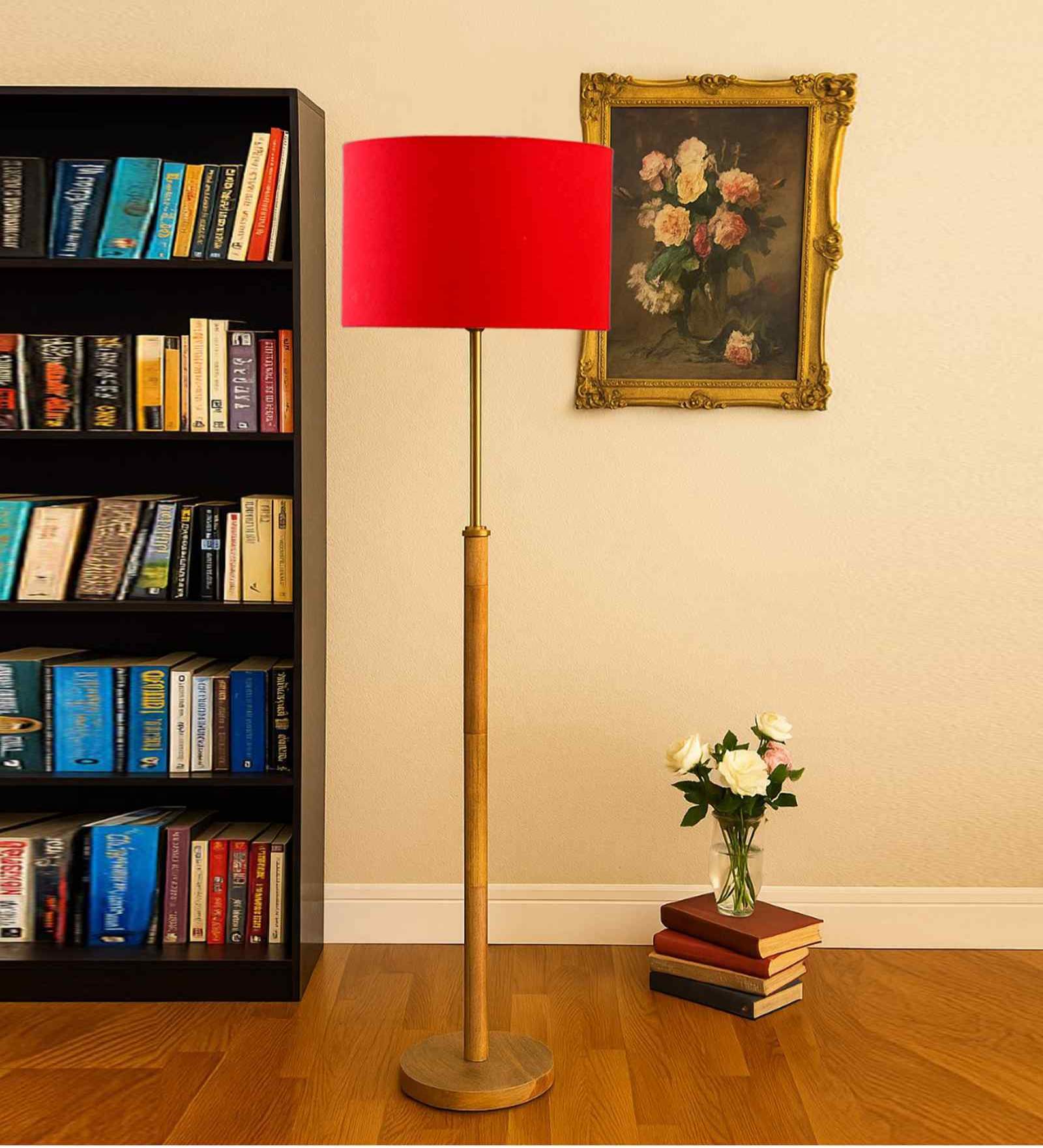 Devansh Red cotton Drum shade with   floor lamp with wood base .-