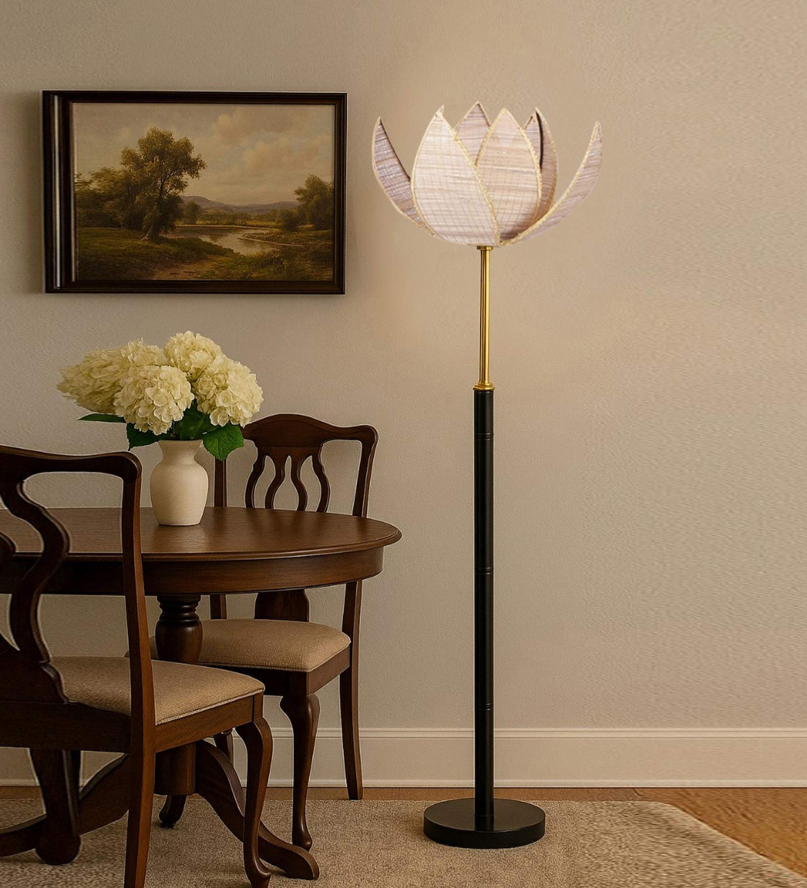 Devansh Rose Bamboo Shade with wood Floor Lamp