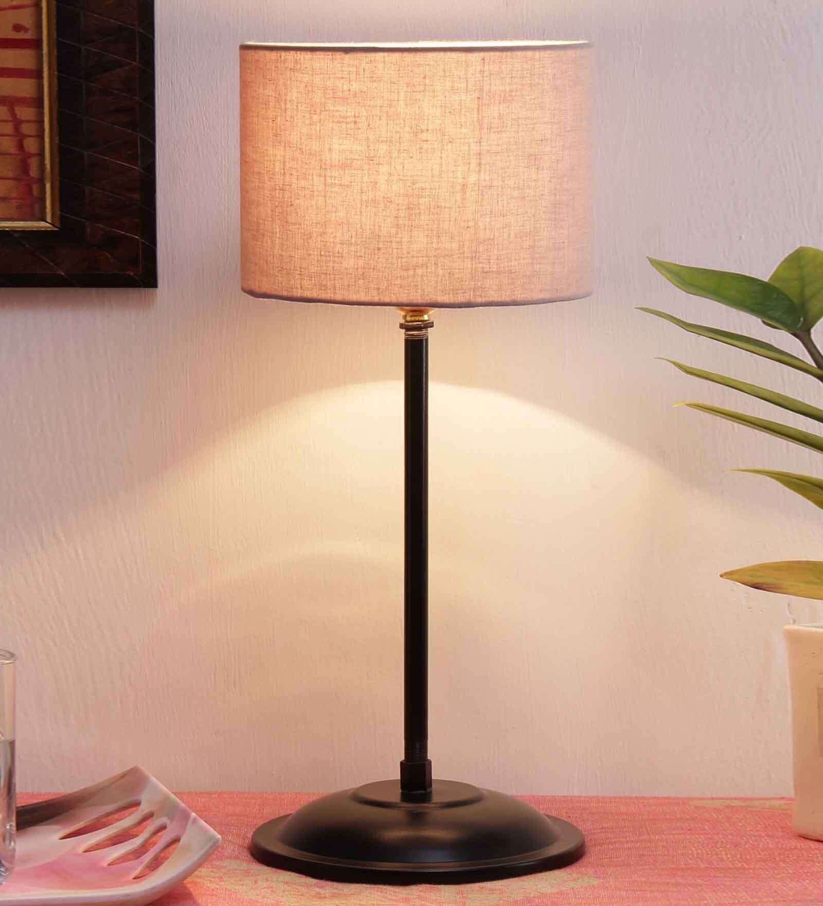 Grey Cotton Shade Lamp  With Black Base