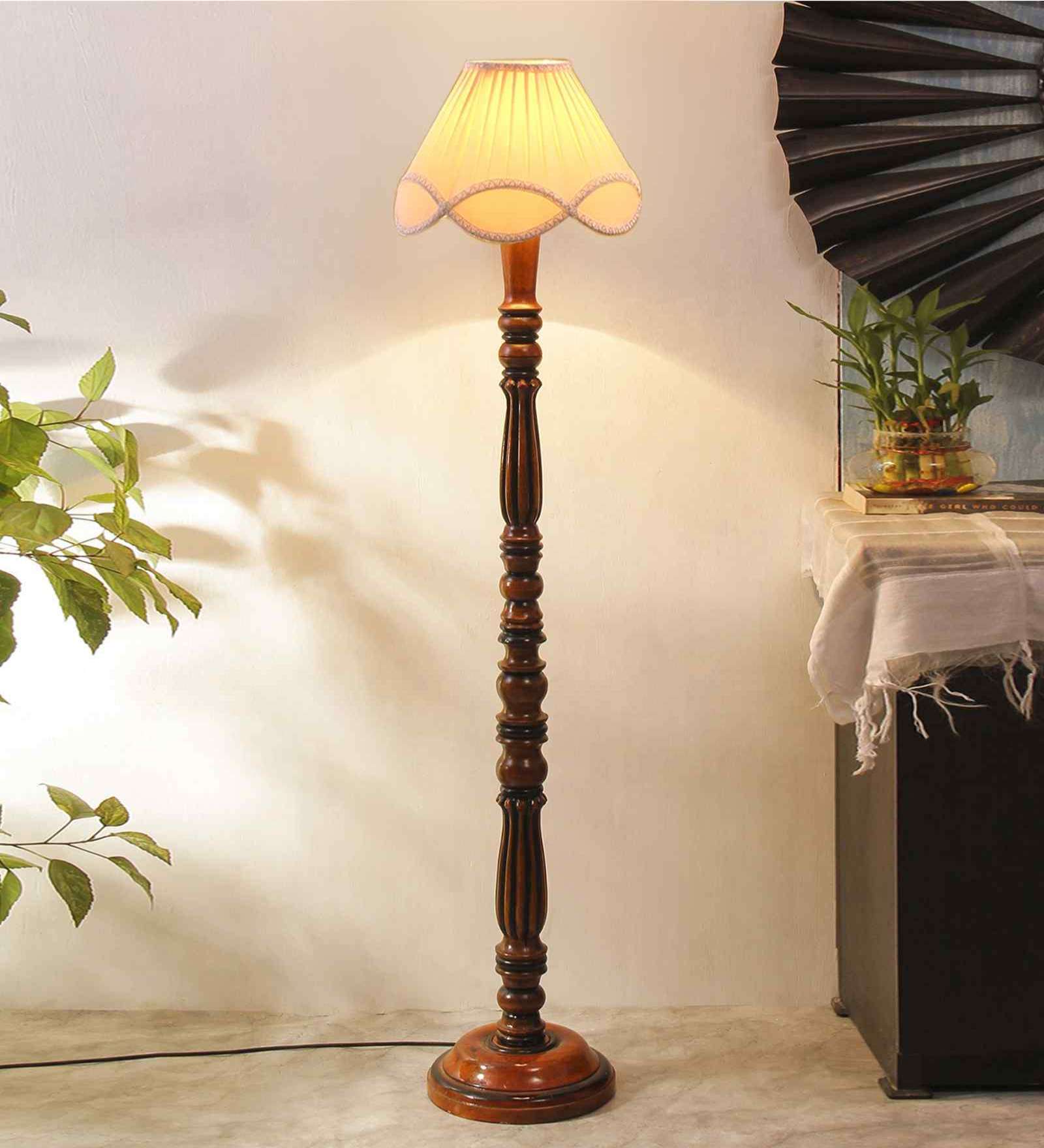 Vintage off white cotton Wooden Floor Lamp