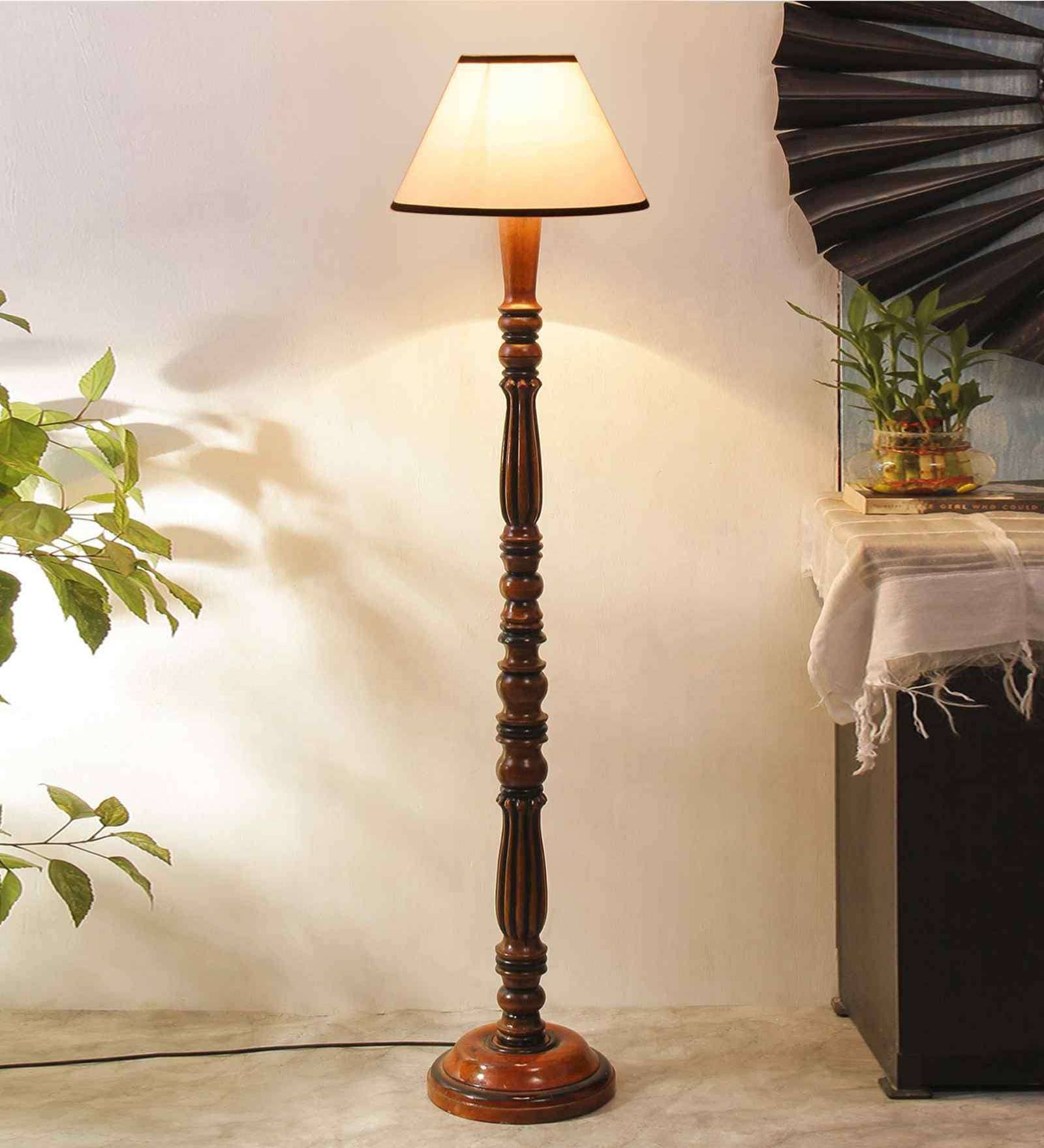 White & Black cotton conical wooden floor lamp