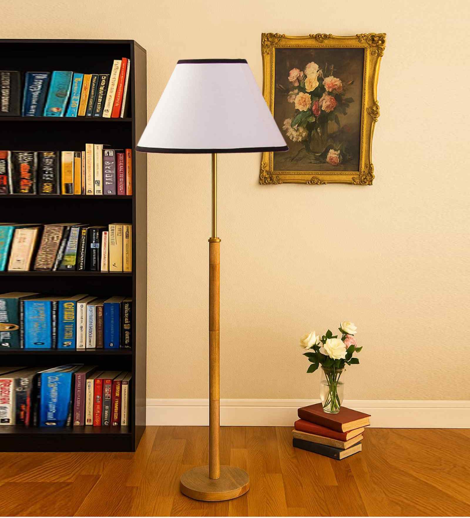 Devansh White cotton Drum shade with   floor lamp with wood base .-