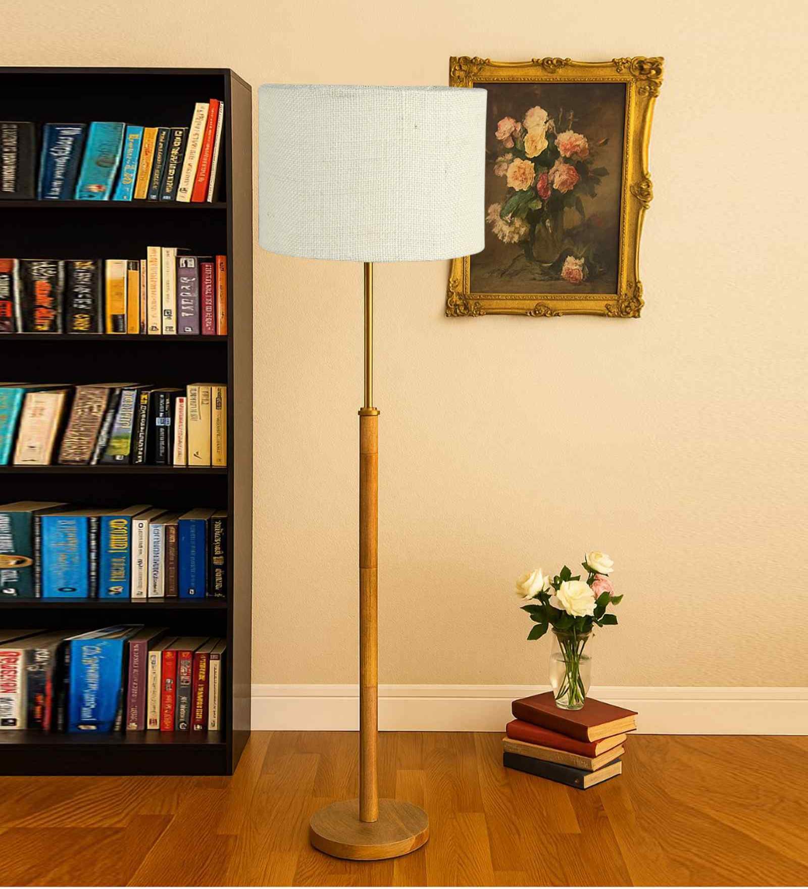 Devansh White cotton Drum shade with   floor lamp with wood base .-