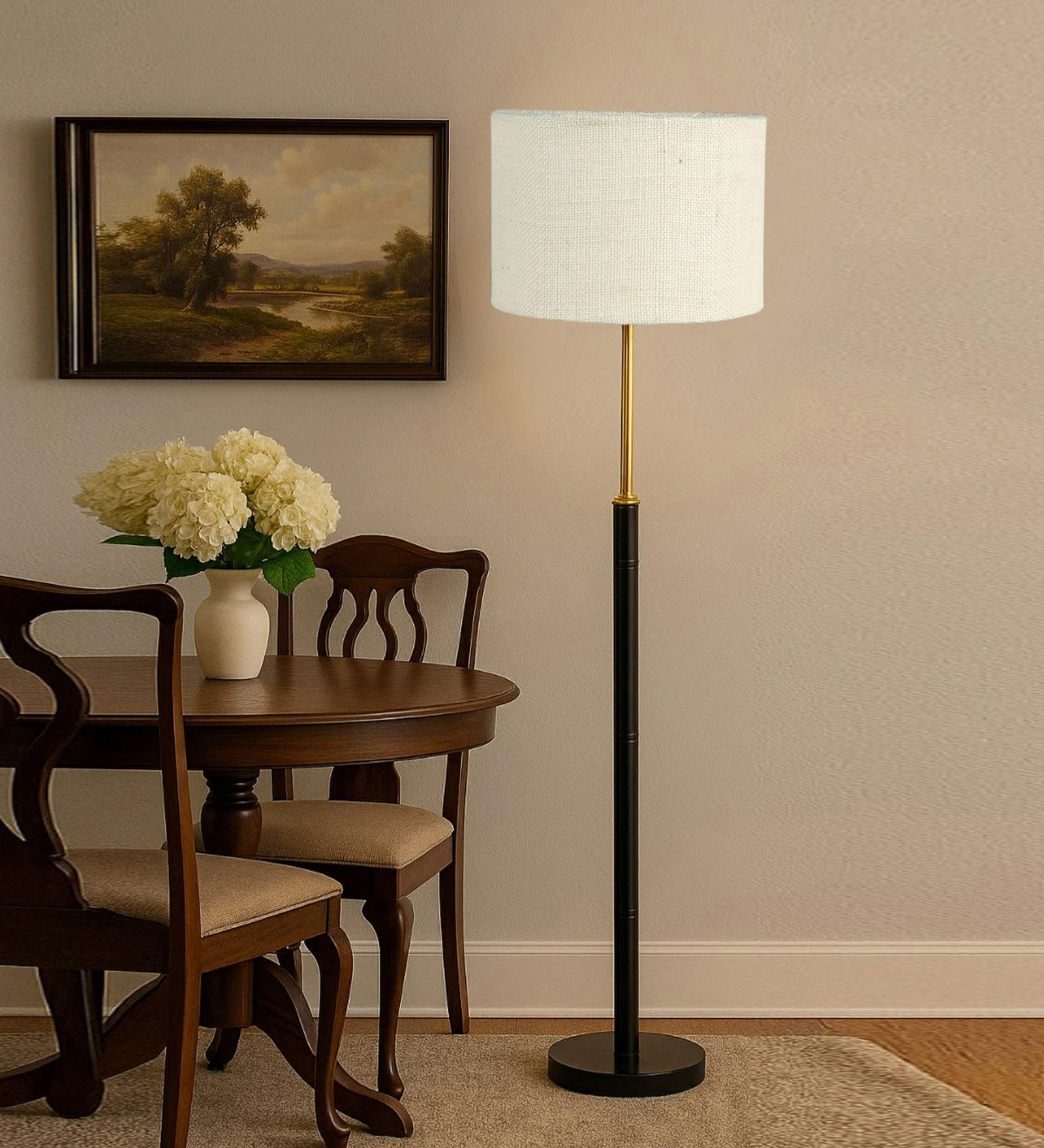 Devansh White cotton Drum shade with   floor lamp with wood base .-