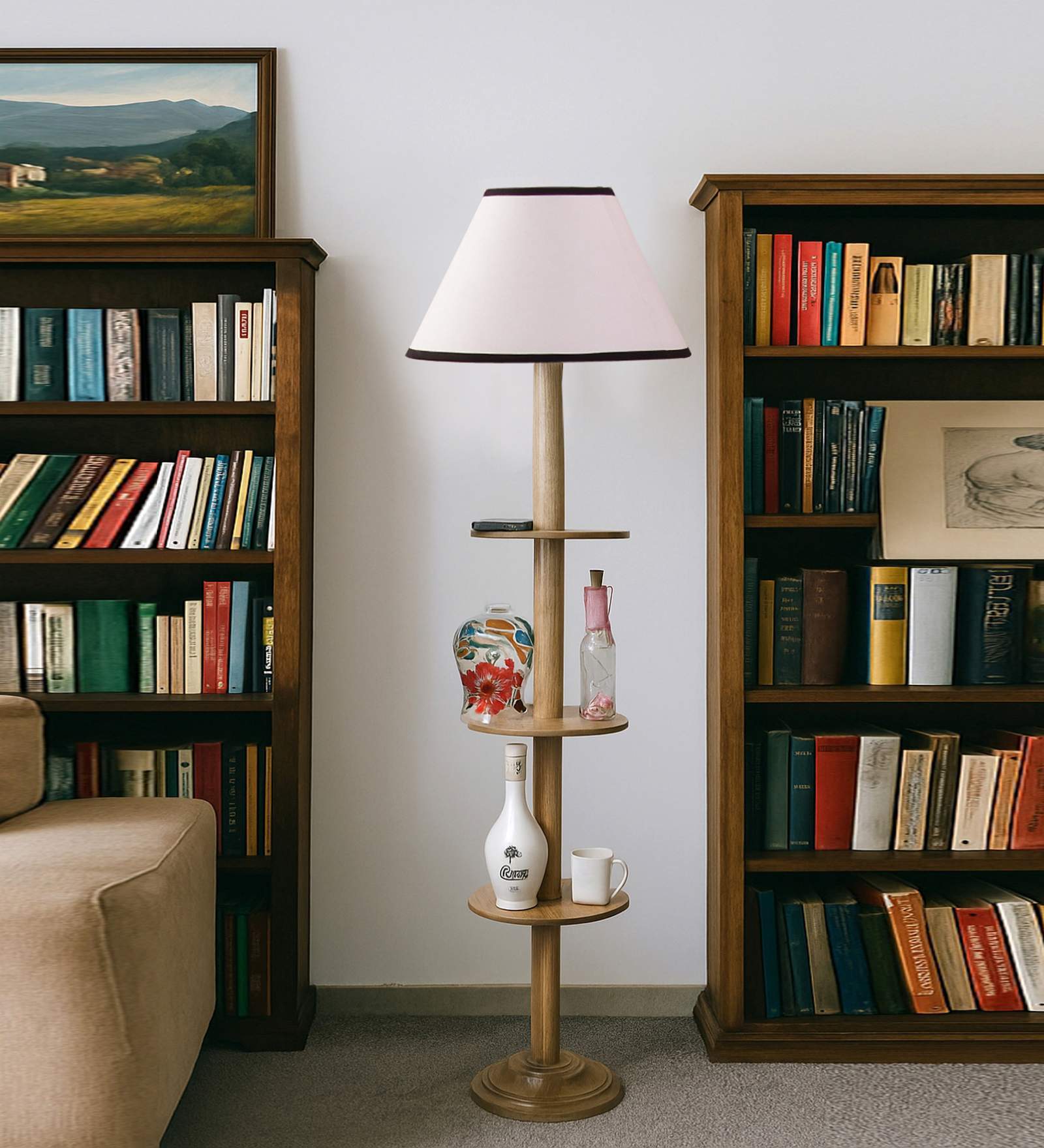 Devansh White cotton Drum shade with   floor lamp with wood base .-