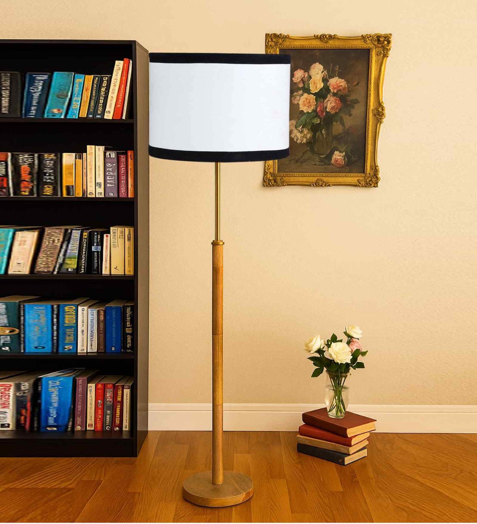 Devansh White cotton Drum shade with   floor lamp with wood base .-