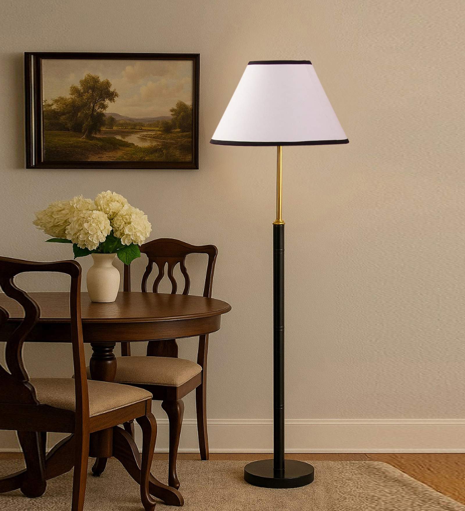 Devansh White cotton Drum shade with   floor lamp with wood base .-