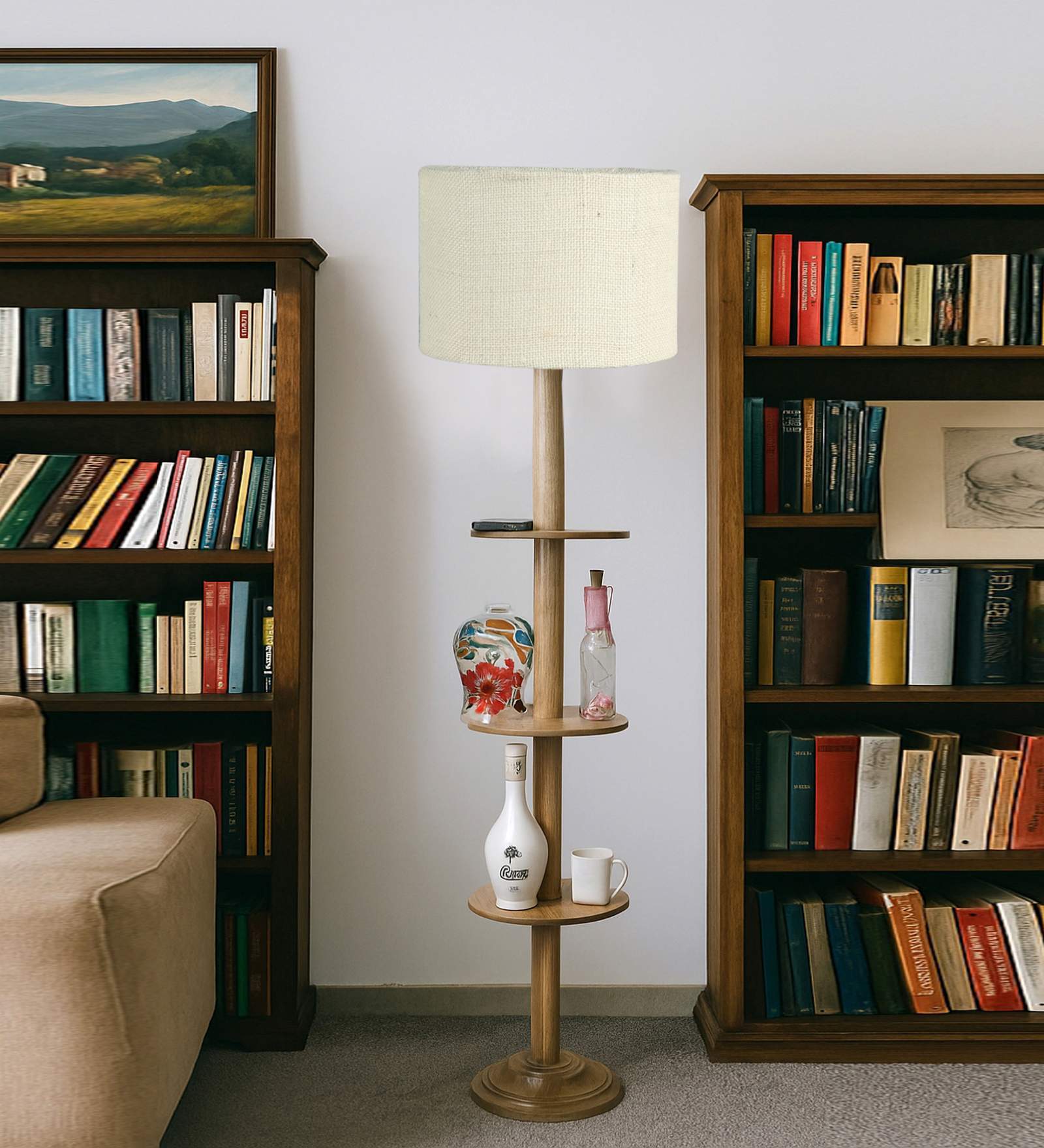 Devansh White cotton Drum shade with   floor lamp with wood base