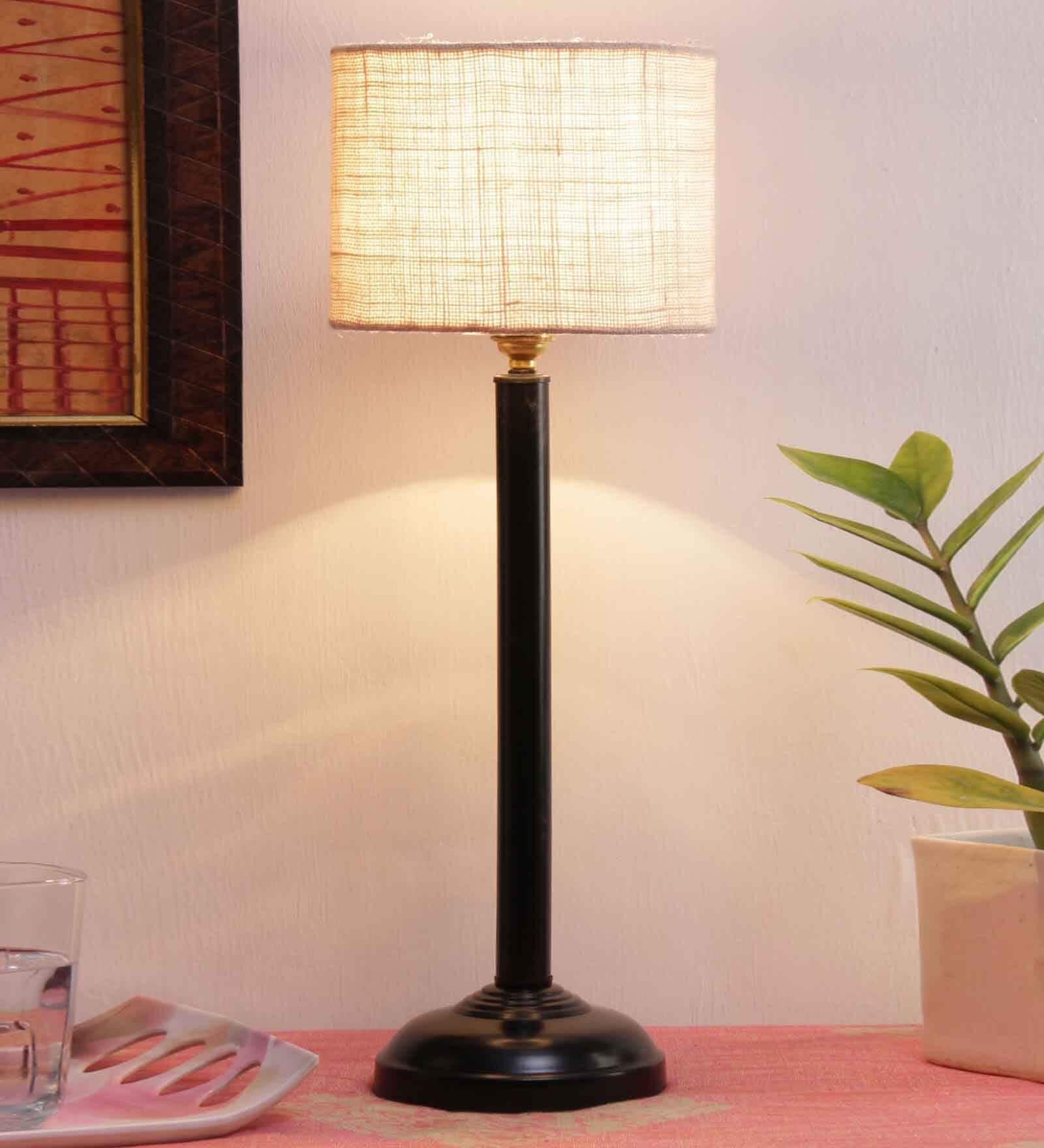Devansh White Jute  Shade Lamp  With Black Base
