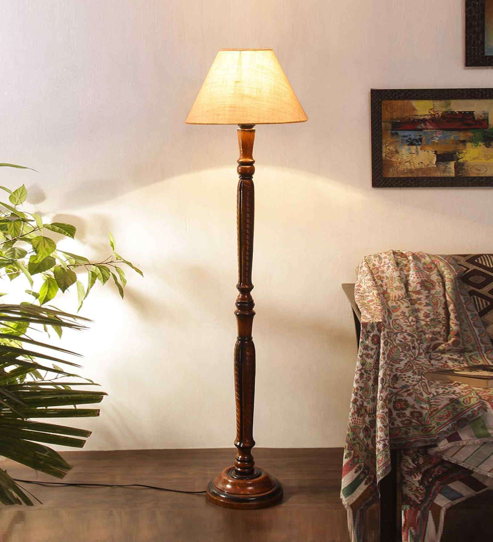 White Jute Conical wooden floor lamp