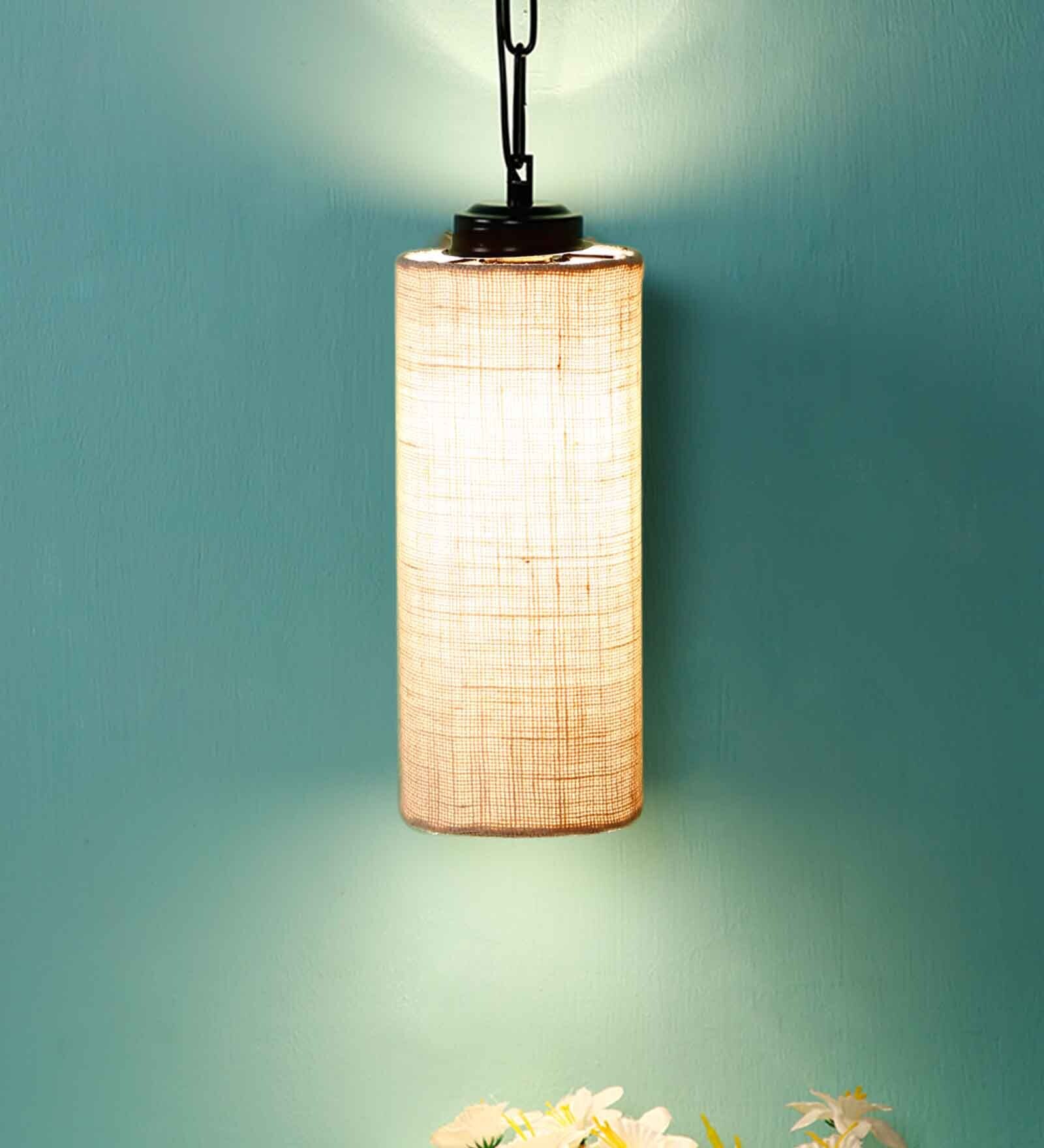 Devansh White Jute Cylindrical Hanging Single Hanging Lamp