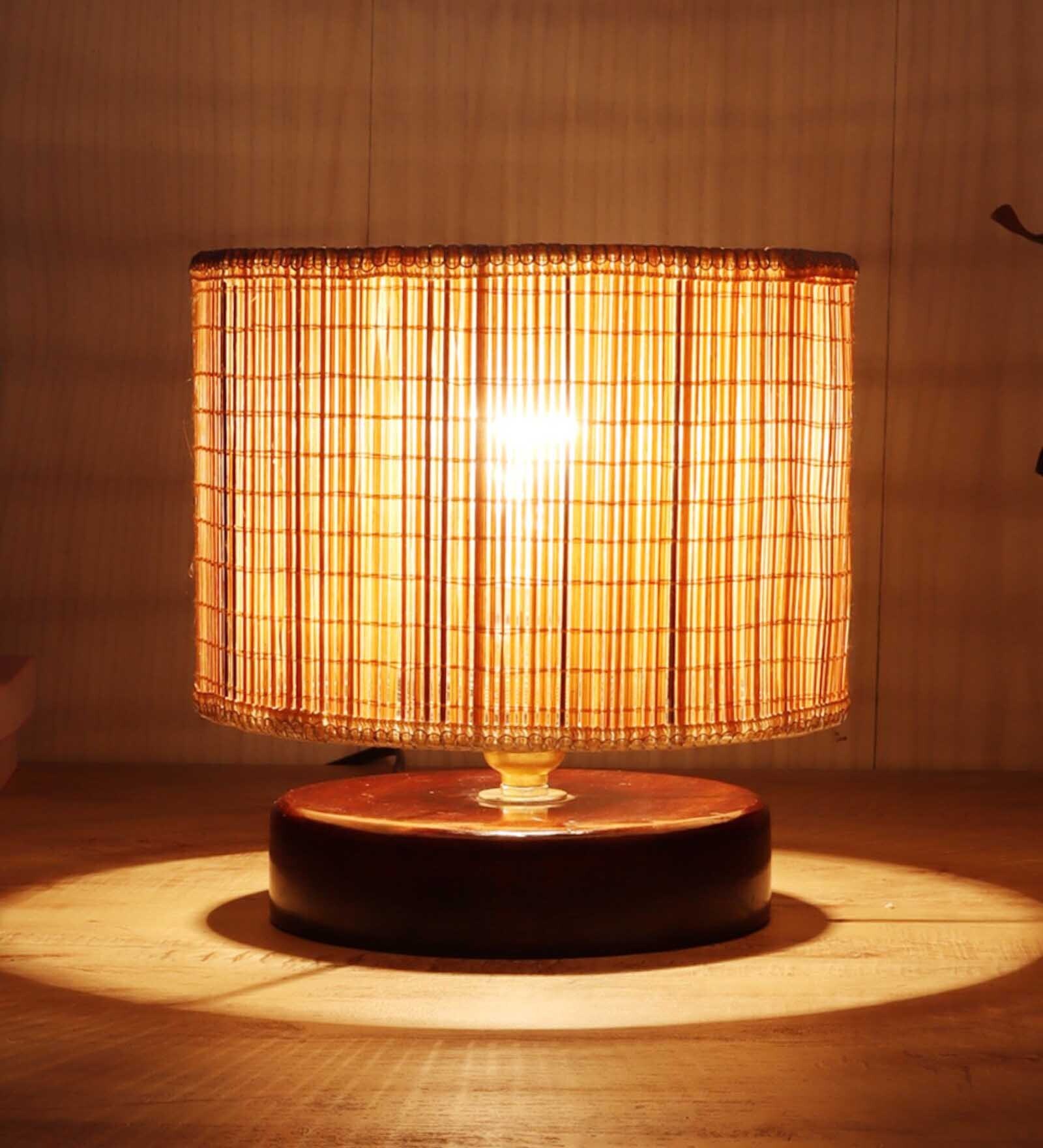Greno Beige Bamboo Shade Night Lamp With Wood Base