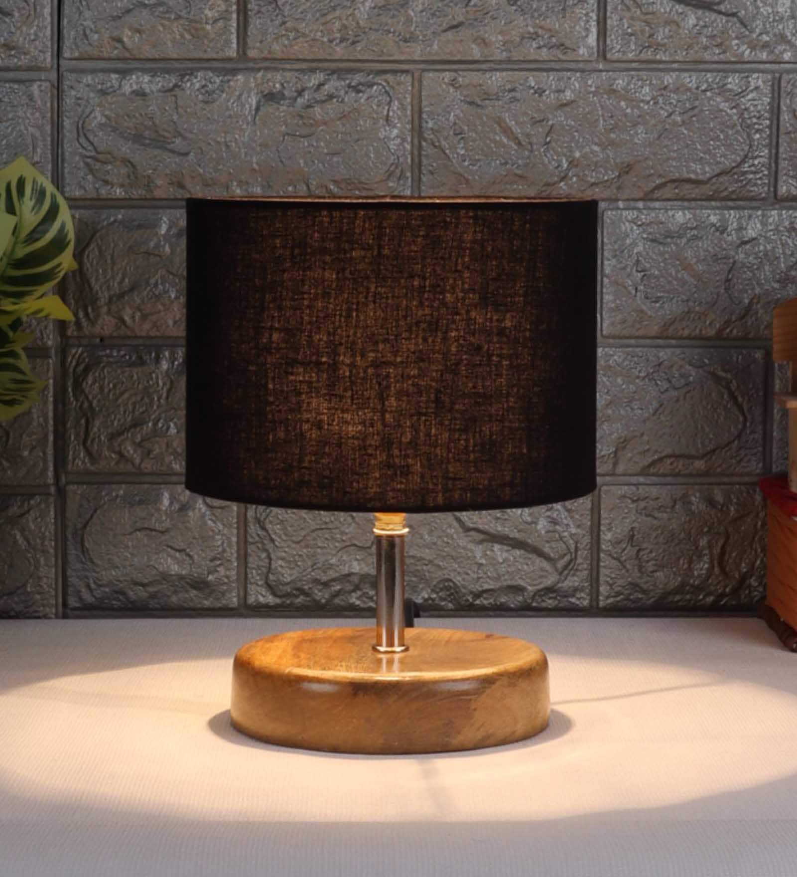 Devansh Wood Table Lamp With Black Cotton  Shade