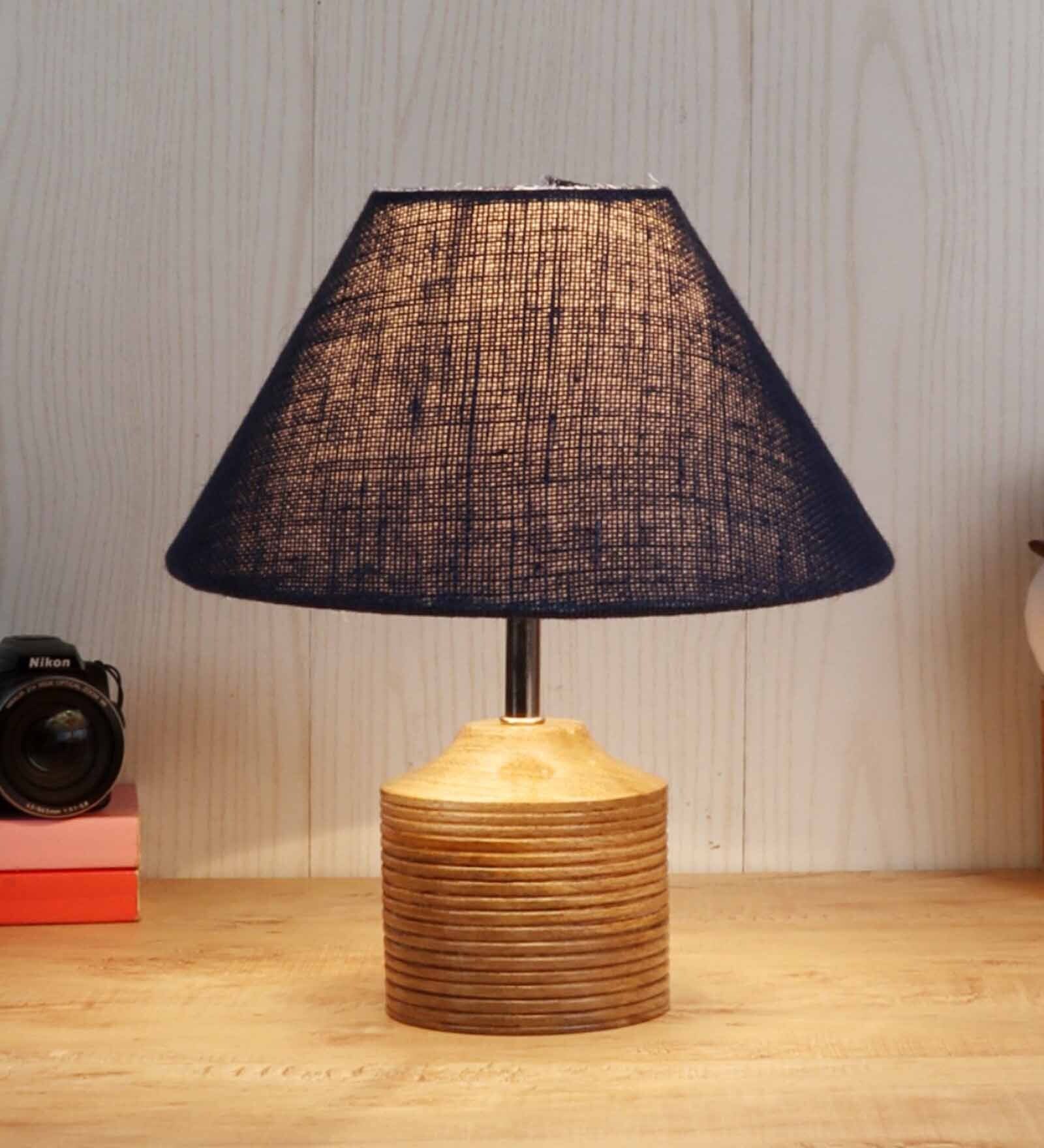 Devansh Wood Table Lamp With Blue Jute Shade