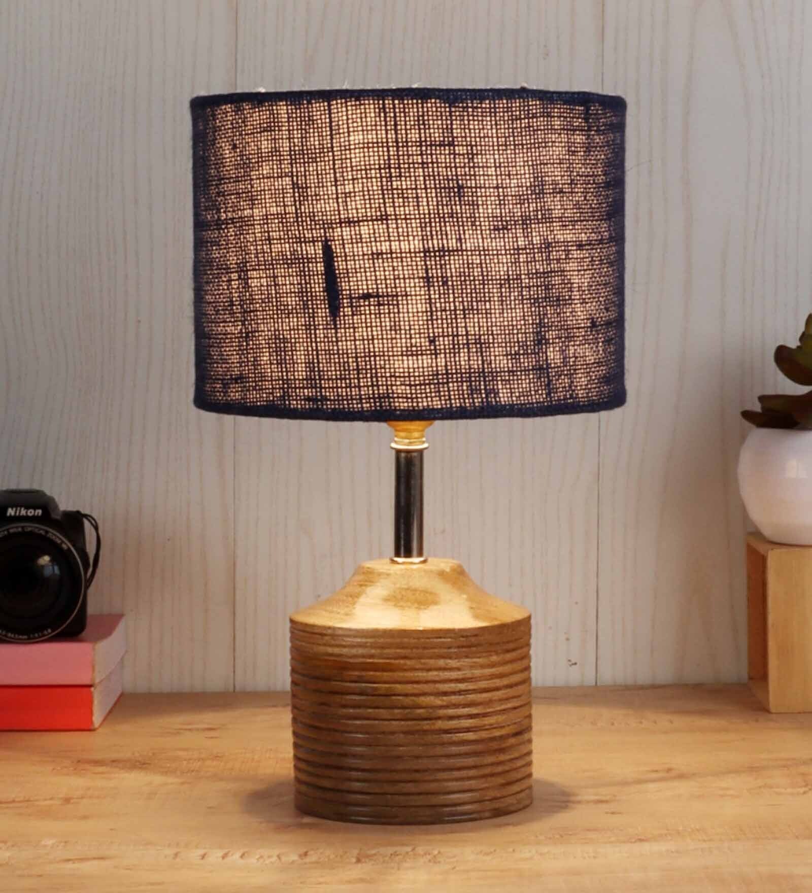 Devansh Wood Table Lamp With Blue Jute Shade